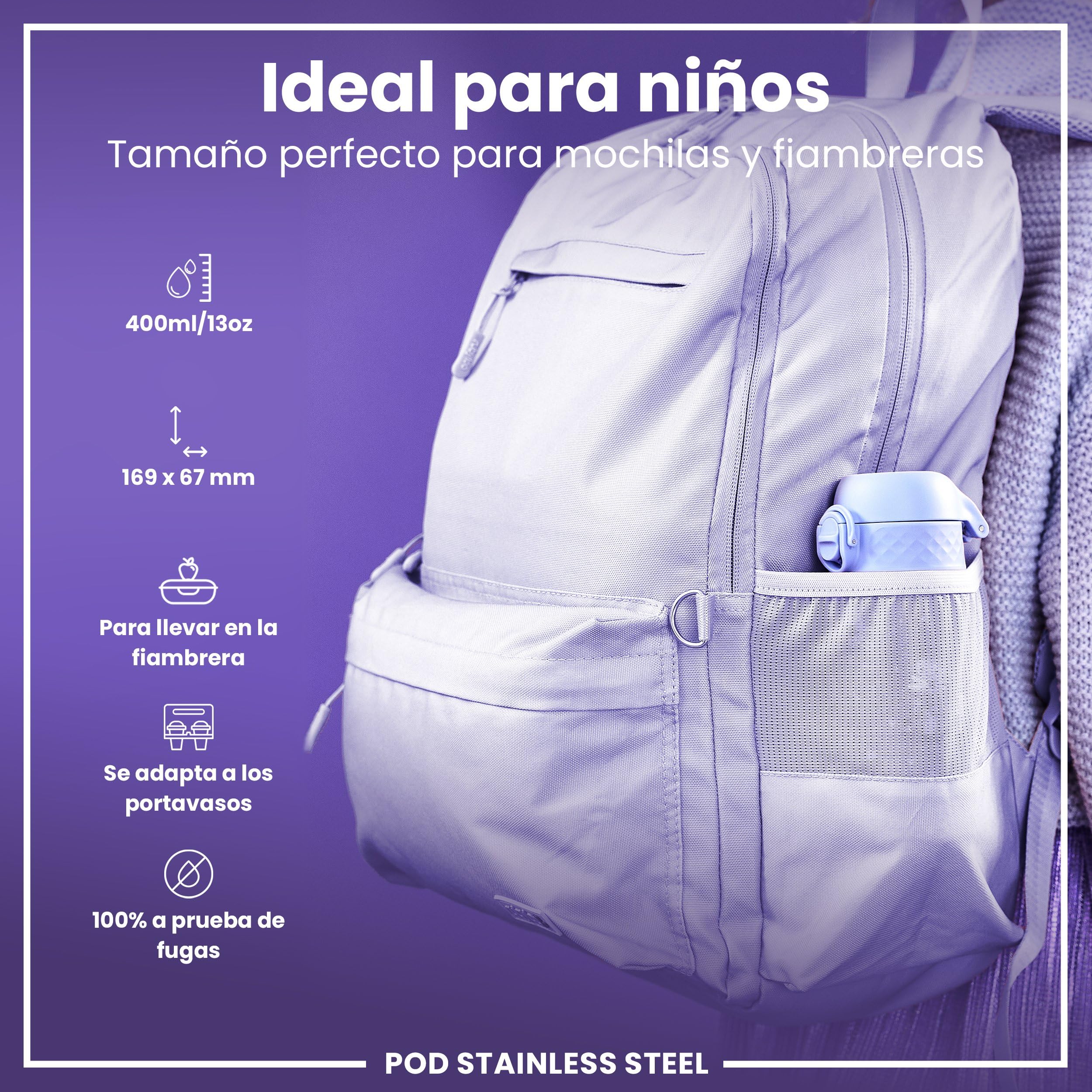 ion8 Botella Agua Inox Ligero para Niños, 400ml, Sin Aislamiento, a Prueba de Fugas, Fácil de Abrir, Cerradura Segura, Apta para Lavavajillas, Tapa Abatible, Fácil de Limpiar, Hadas