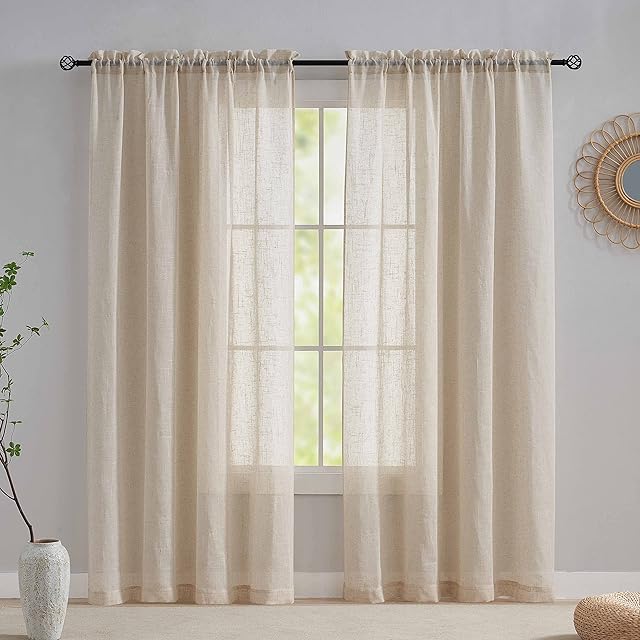 Home Brilliant Linen Net Curtains 96 Drop Voile Curtain Semi Transparent Window Panels for Patio, 54 x 96 inch long, Set of 2
