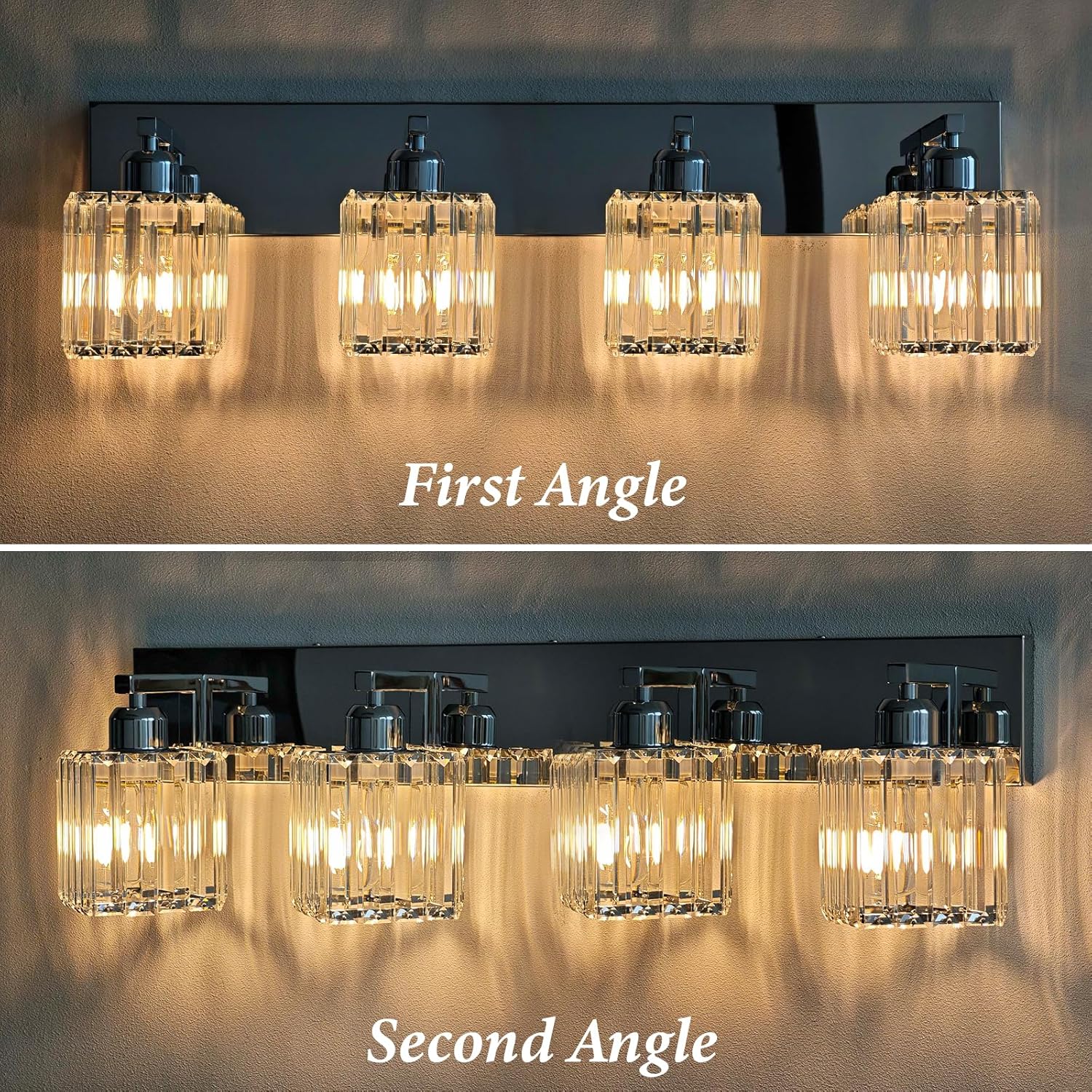 Brushed Chrome Crystal Bathroom Vanity Light, 4-Light Modern Bathroom Lighting Fixtures Over Mirror,Chrome Wall Sconce Light Fixtures with Square Shade