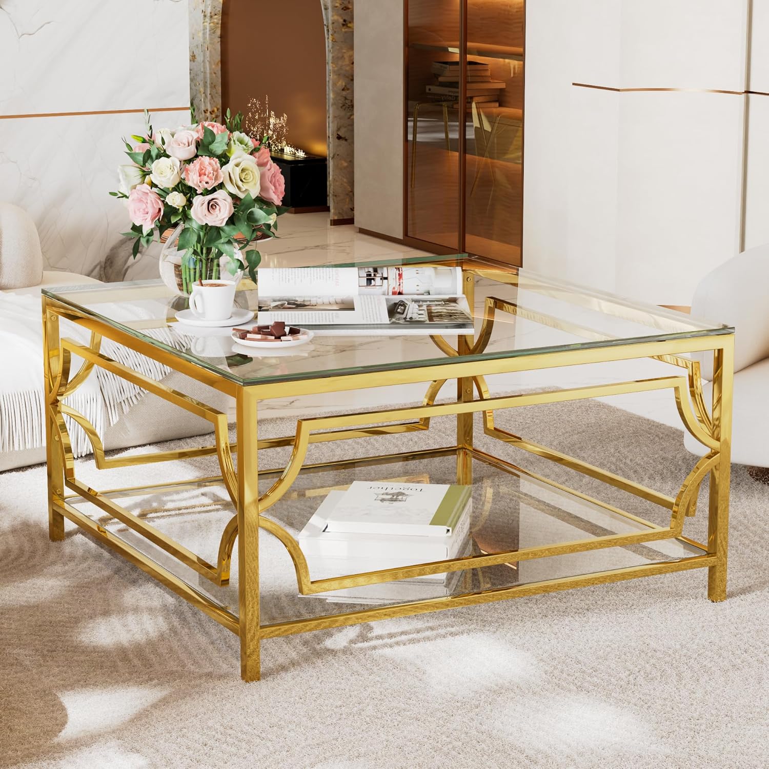33.5" Square Glass Coffee Table with Storage, Modern 2-Tier Tempered Glass Accent Coffee Table with Metal Frame for Living Room, Minimalist Gold Cocktail Center Table for Office, Apartment