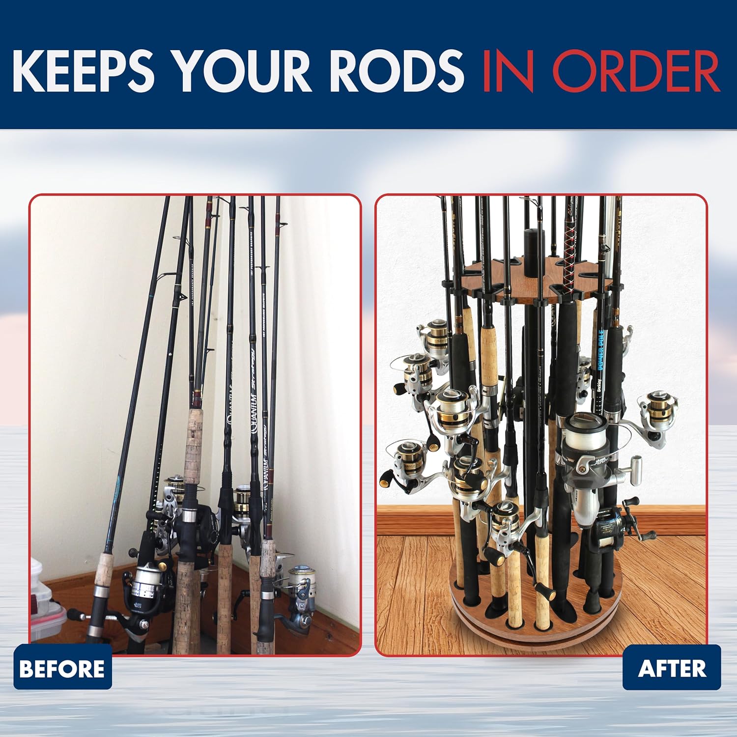 Rush Creek Creations Fishing Rod Holder - 360 Spinning Rack for Garage Organization and Storage, Pole Holder for Reels, Gear, Accessories, Tackle Box