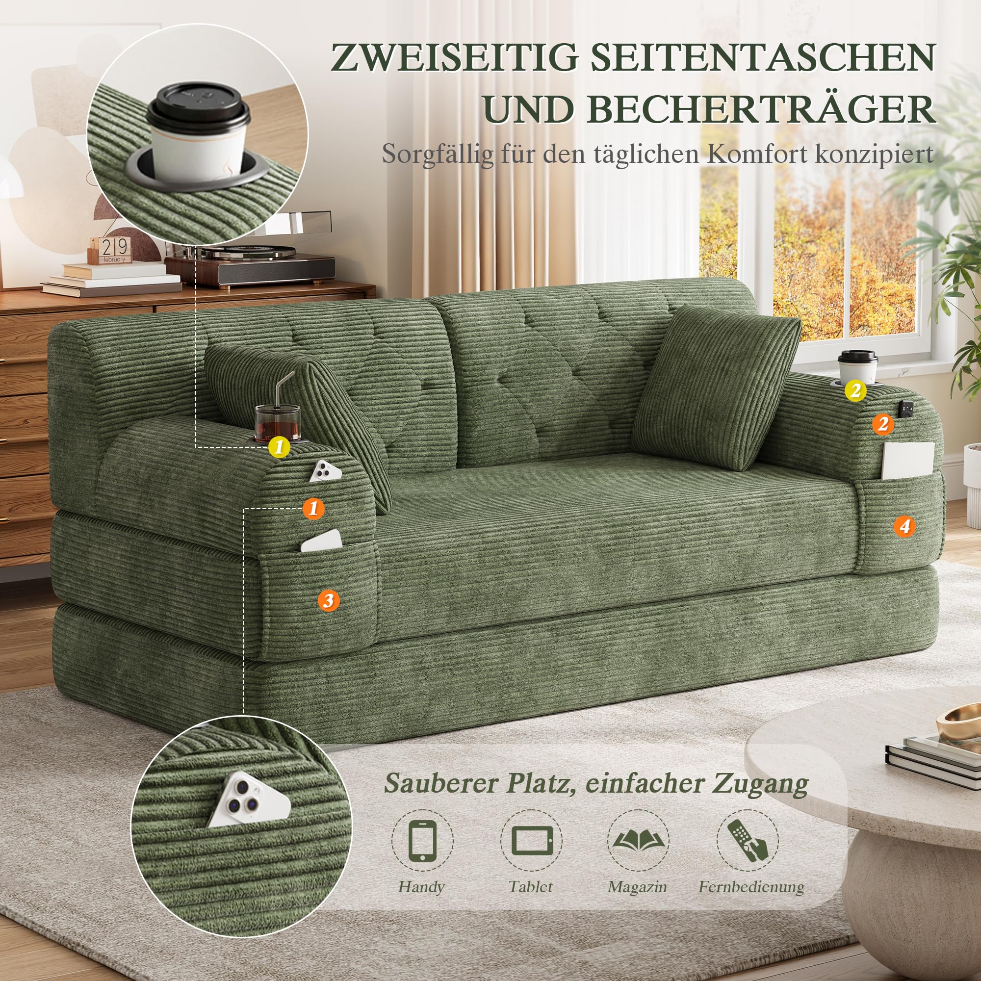 Divano Letto 2 posti con Struttura in Metallo, 2 Portabicchieri e 4 Tasche Laterali, divano Modulare Pieghevole a Compressione, divano Convertibile in Velluto a coste, Sofa Soggiorno, Verde