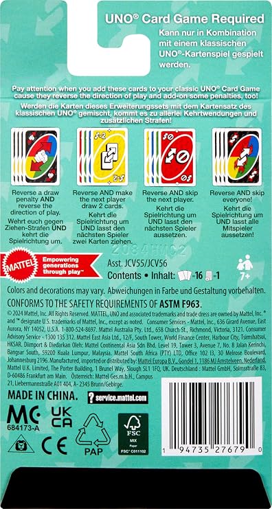 Mattel UNO Add-On reverse package games can be used for children and adults, for family play evenings, as a travel game or as an attractive gift for 2 to 10 players, from the age of 7