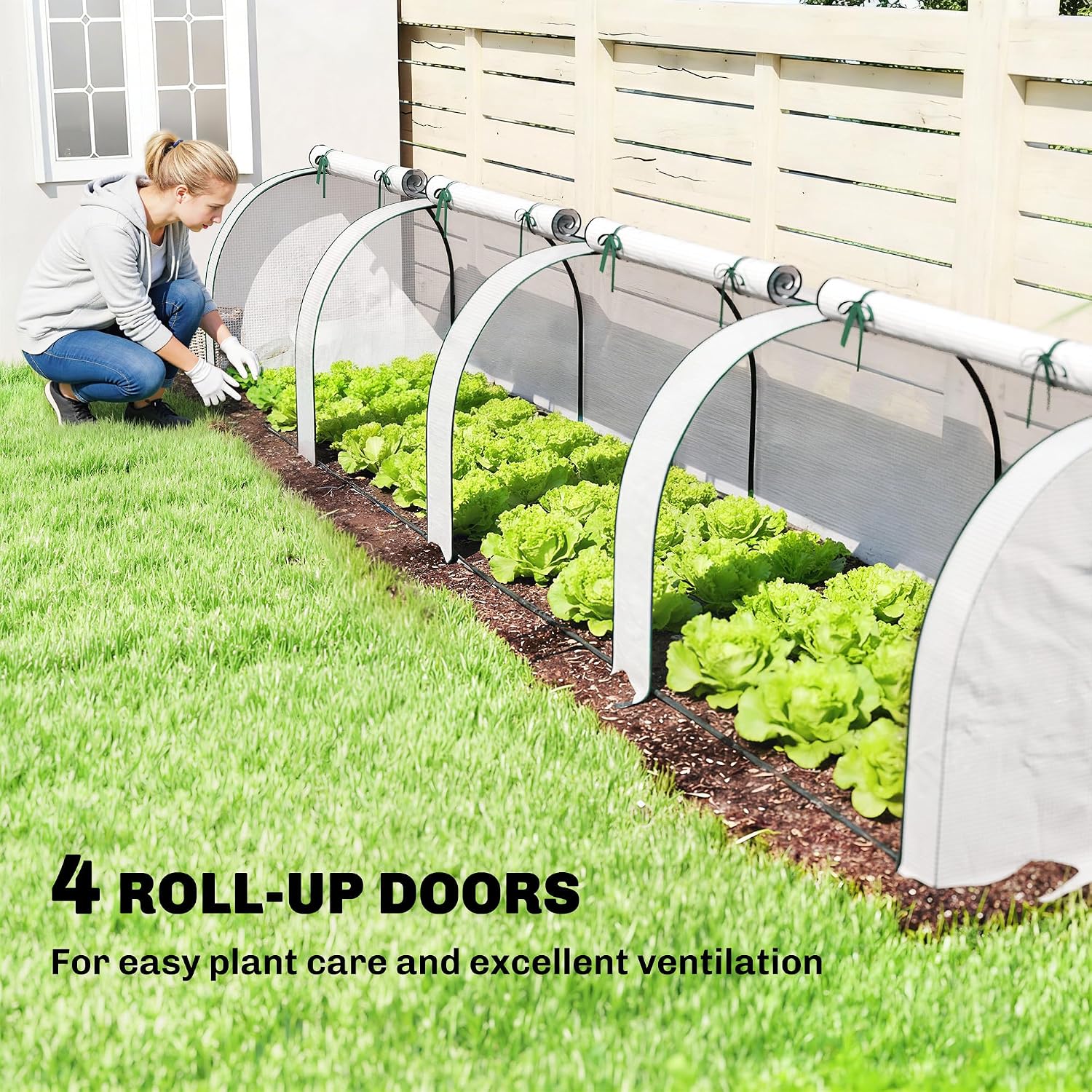 Outsunny Mini Greenhouse, 177.2" x 39.4" x 31.5" Portable Greenhouse with 4 Roll-Up Doors, PE Cover, Small Green House for Indoor Outdoor, White
