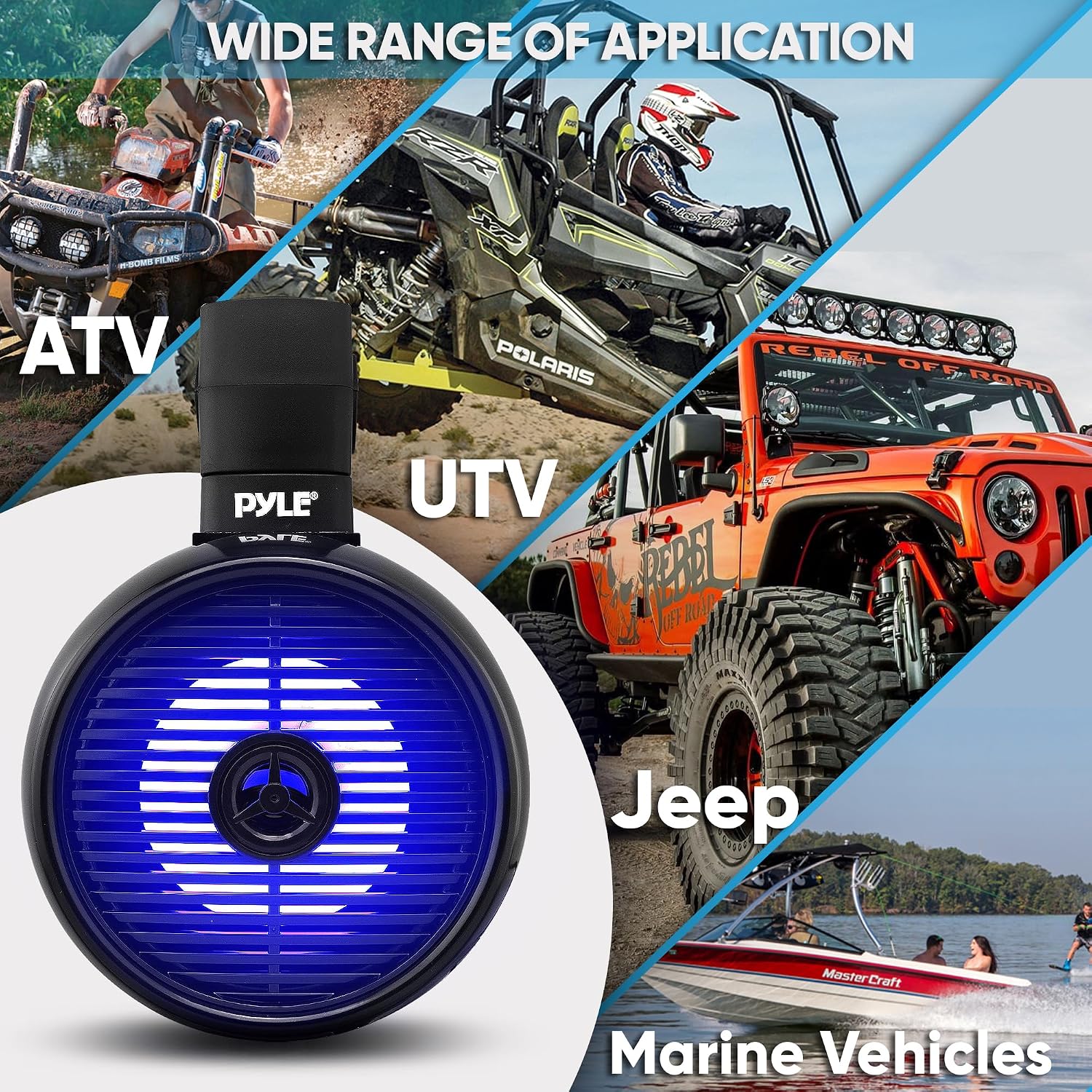 Pyle 6.5" Marine Wakeboard Bluetooth Speaker, Water Resistant 2-Way Mini Box Speaker System with LED Lights, Full Range Sound, ABS Construction for Boat or Off-Road Use, 9.45”x8.39”x12.48” Inch
