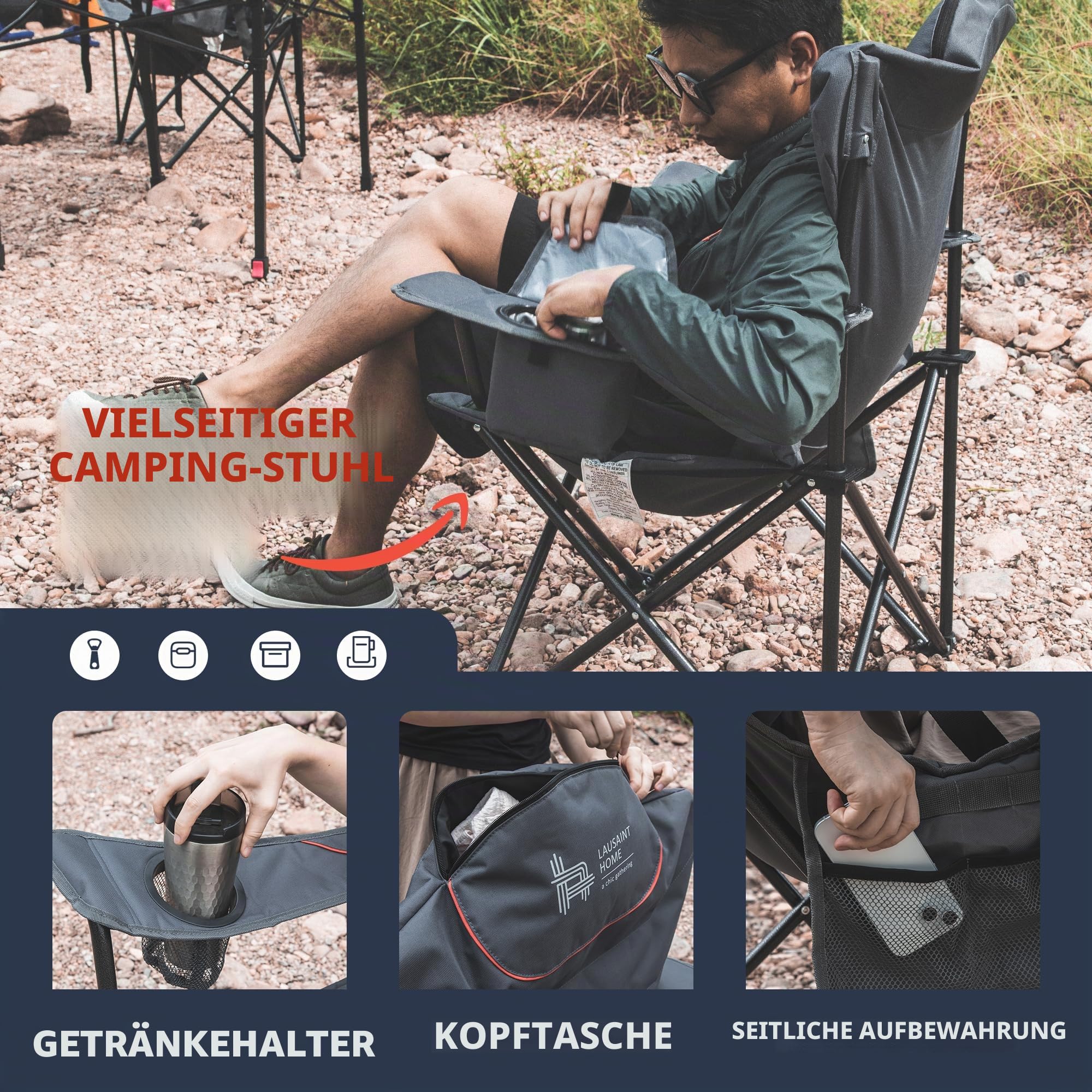 OUTSIDER Campingstuhl Klappbar 160 kg Mit Kühltasche Hochlehner | Gepolsterter Anglersessel, Tragbarer Outdoor-Stuhl Für Garten, Festival & Strand, Komfortabler Hoher Rücken