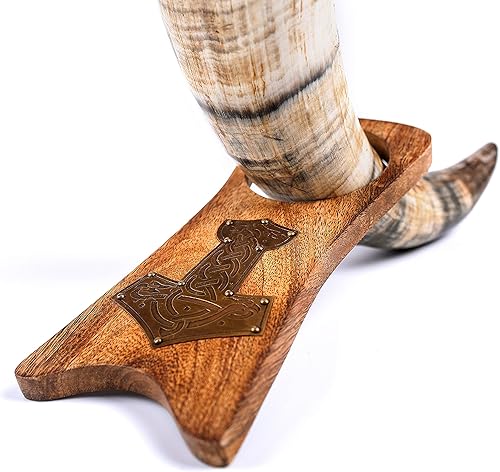Miniatura 2 de Norse Tradesman Cuerno vikingo de cuerno de buey genuino de 20 pulgadas con soporte de madera maciza con cartel de martillo de Thor de latón  Bolsa