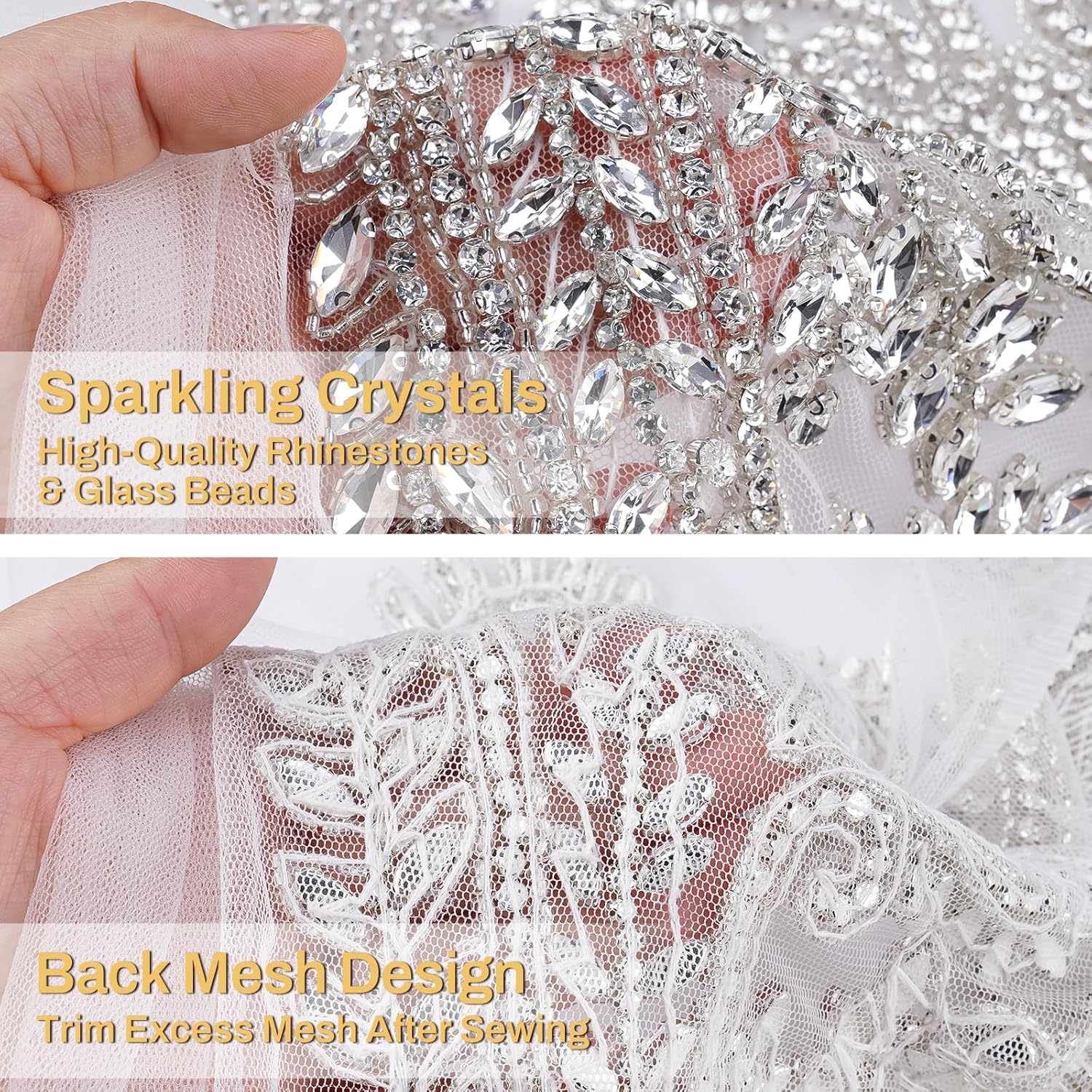 Handcrafted Rhinestone Beaded Appliqué Patches 1 Pair,Versatile for Evening Dresses,Bridal Gowns,Dance Costumes, Adds Sparkle to Garments, Easy to Attach Suitable for Sewing & Gluing (Silver-3)
