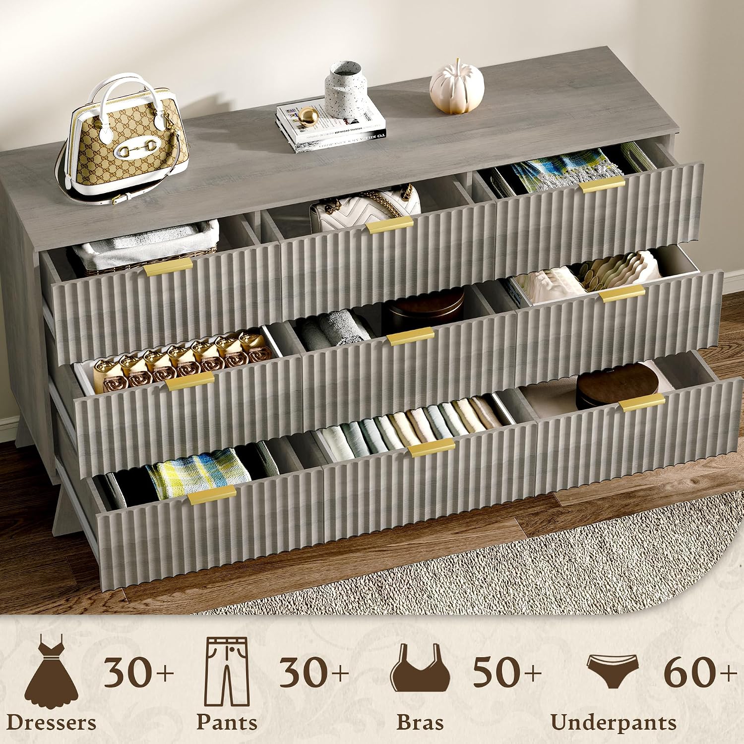 Fluted Dresser for Bedroom with 9 Drawers, 57" Mid Century Modern Dresser of Closet TV Stand, Nature Wood Dressers with Gold Handle, Boho Closet Wide Modern Chest of Drawers, Grey