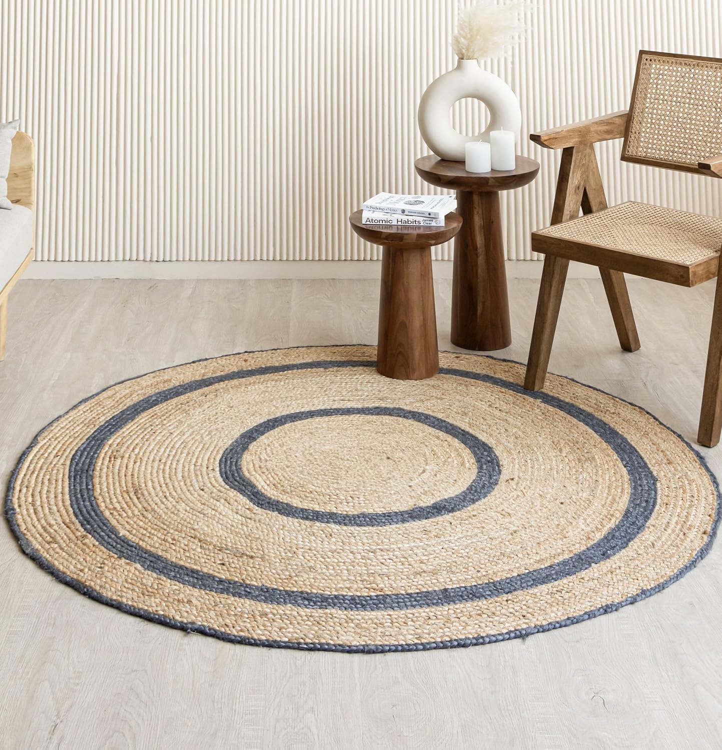 HOMEMONDE Handwoven Jute Area Rug - 5 feet Round Natural Yarn Loom Braided Rug - Eco-Friendly Boho Farmhouse Reversible Design for Bedroom, Living Room, and Kitchen (Dark Grey Striped) Dark Grey Striped 5' Round