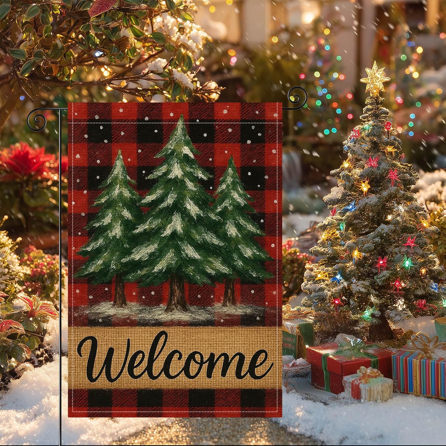 Merry Christmas Garden Flag 12x18 Inch Welcome Garden Flags Burlap Double-Sided Red Buffalo Plaid Pine Trees Seasonal Outdoor Holiday Banner Winter Flag for Yard Lawn Decoration - Image 8