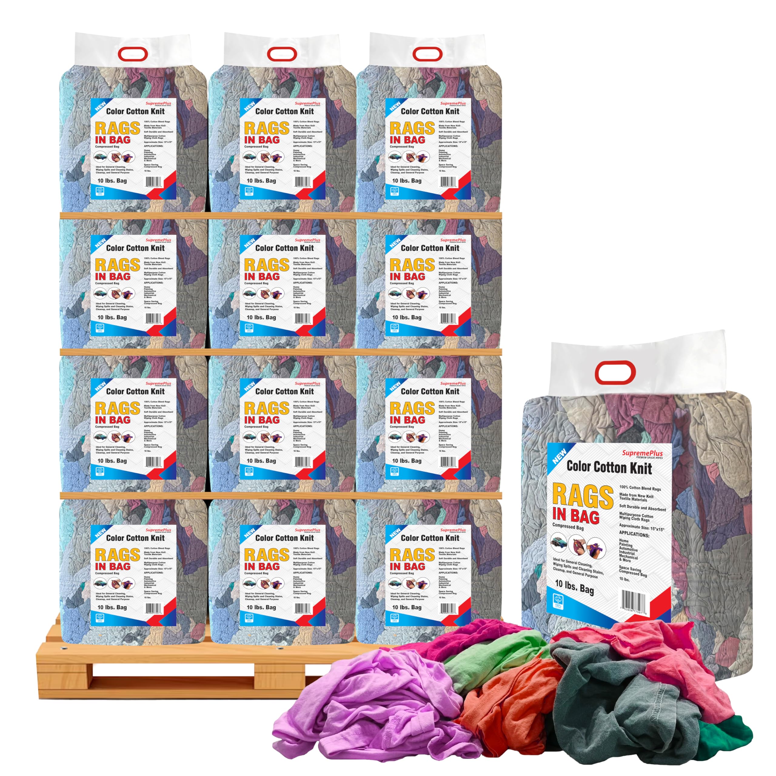 Premium Color Knit Cleaning Rags 600 lbs Pallet - 60x10 lbs Bag Shop Cloths Bulk for Workshops Mechanics