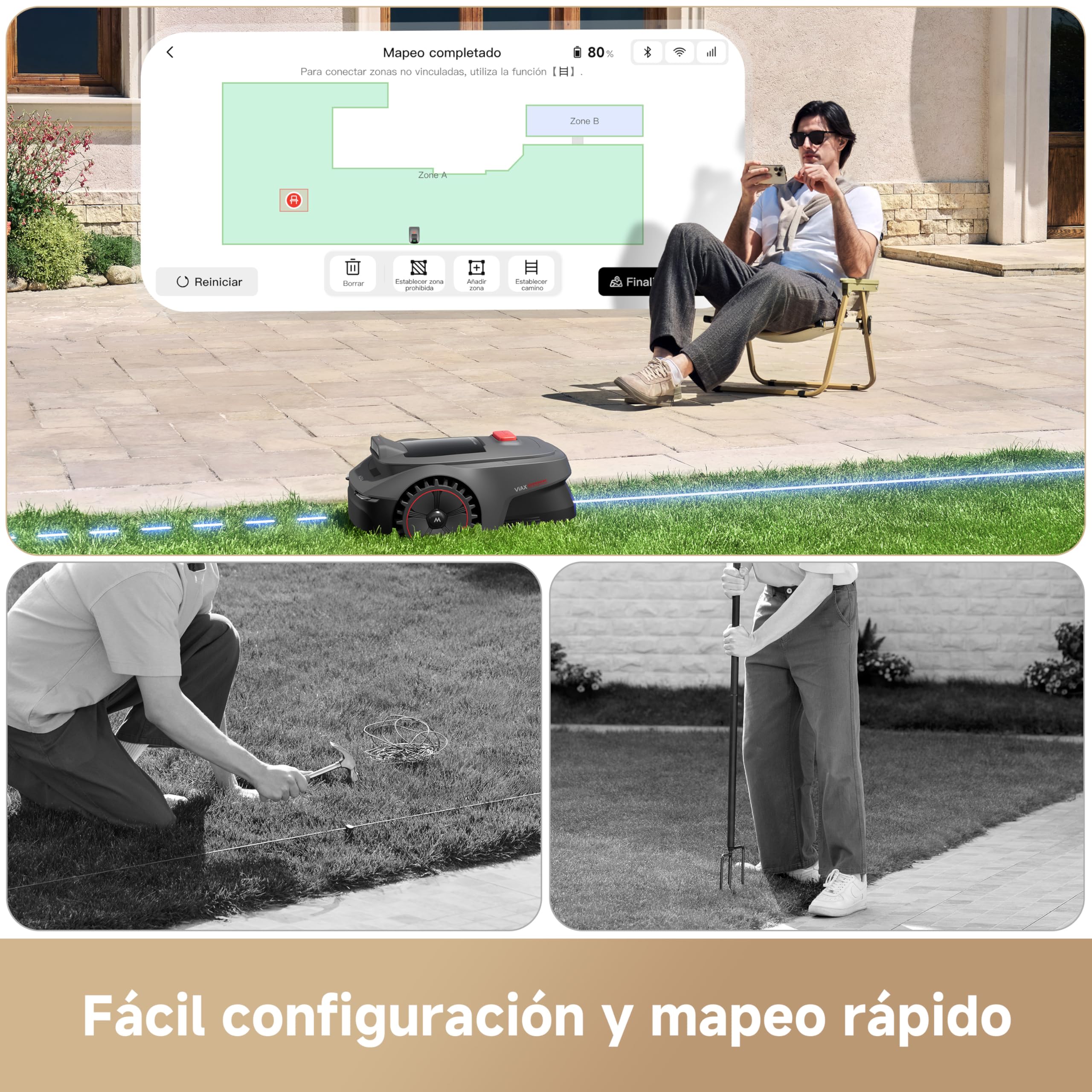 MOVA ViAX 250 Robot cortacésped, mapeo de 250㎡, mapeo con IA sin RTK, LiDAR de 360° + Visión Dual con IA, esquivación de obstáculos Inteligente, trayectorias en Forma de U