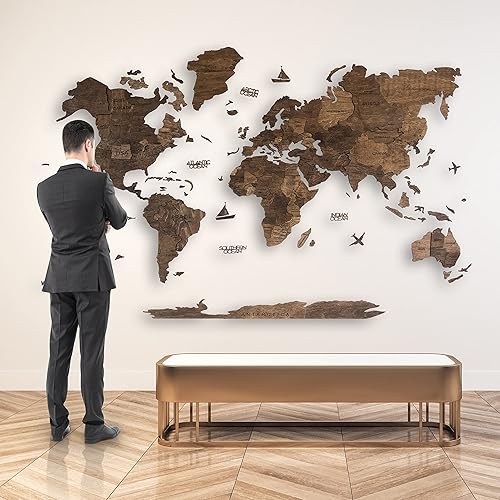 Miniatura 2 de Arte de pared de madera 3D hecho a mano con mapa del mundo, decoración de pared grande, rastrea tus viajes por el mundo, especial para el hogar, la