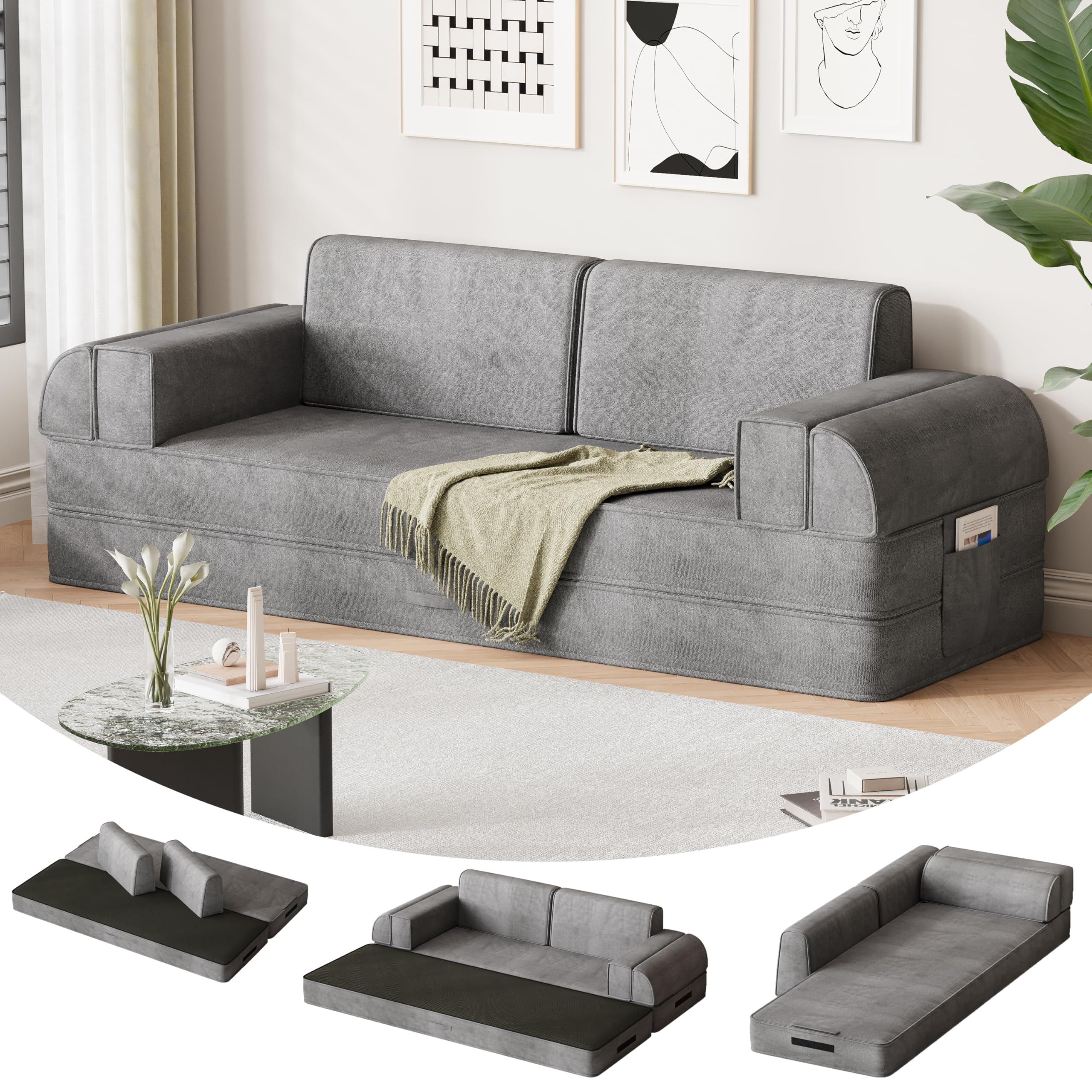 79 Multi-Style Convertible Sleeper Sofa Bed Loveseat Boneless Couch in a Box Folding Floor Mattress with Removable Pillows