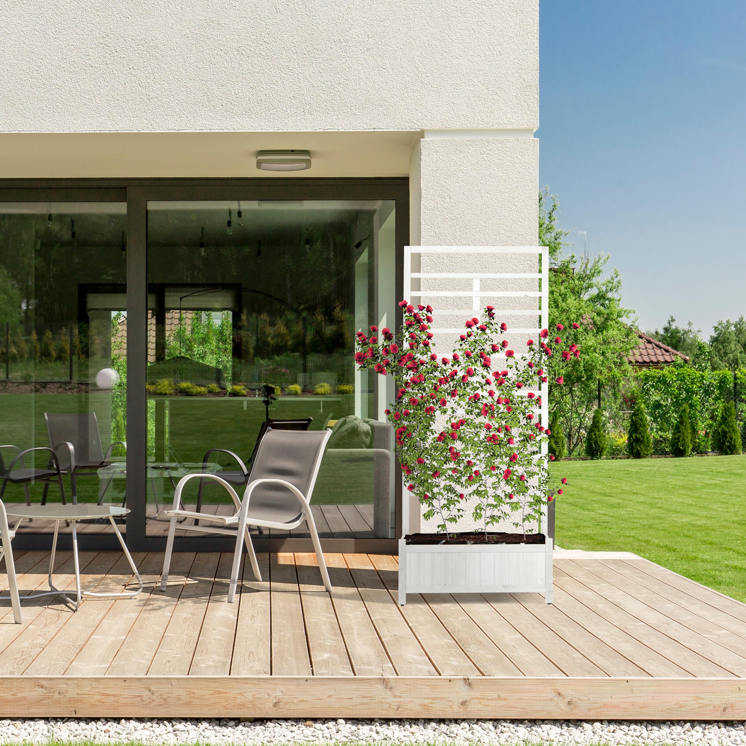 Relaxdays Jardinera con Enrejado, 171 x 71,5 x 32 cm, Macetero con Panel Enredaderas, Balcón y Jardín, Madera, Blanco