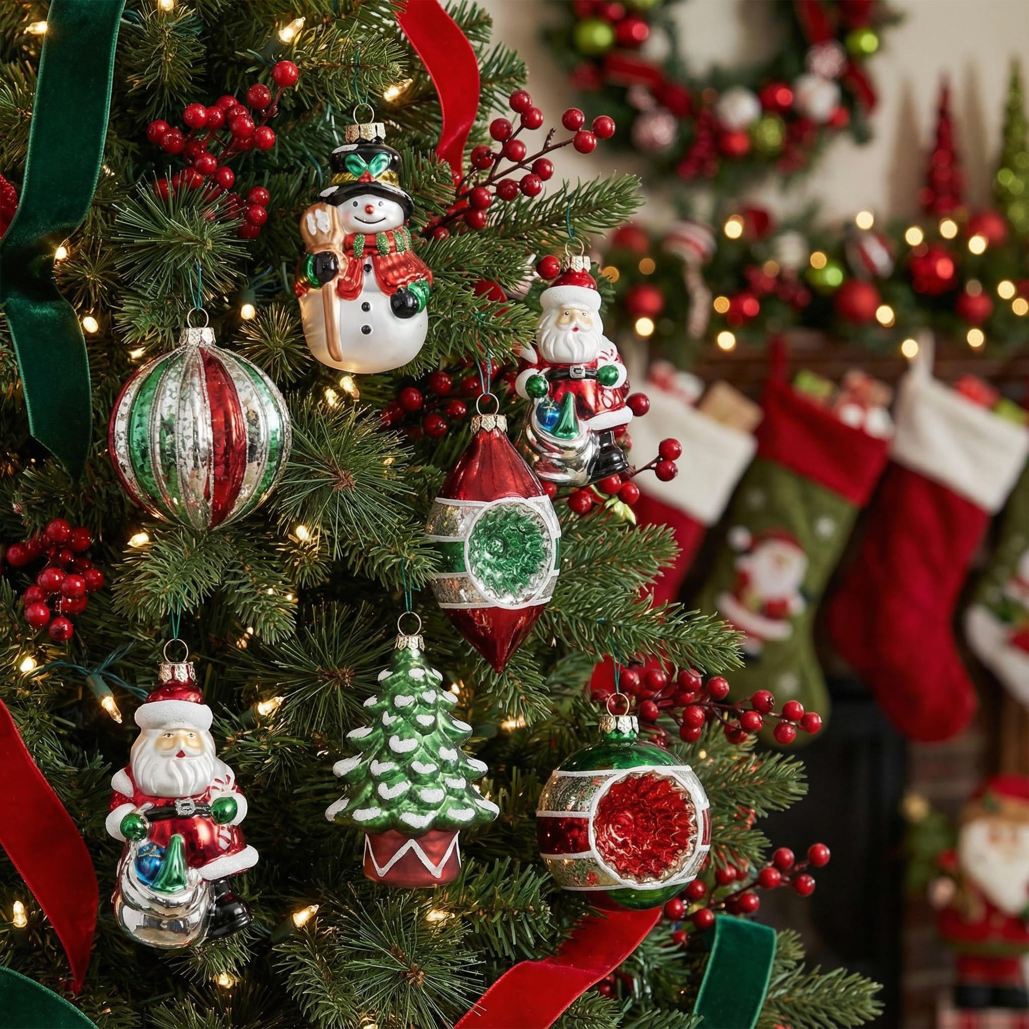 Valery Madelyn Lot de 10 Boules de Noël joyeuses en Verre avec Jupe d'arbre - Rouge/Vert/Blanc