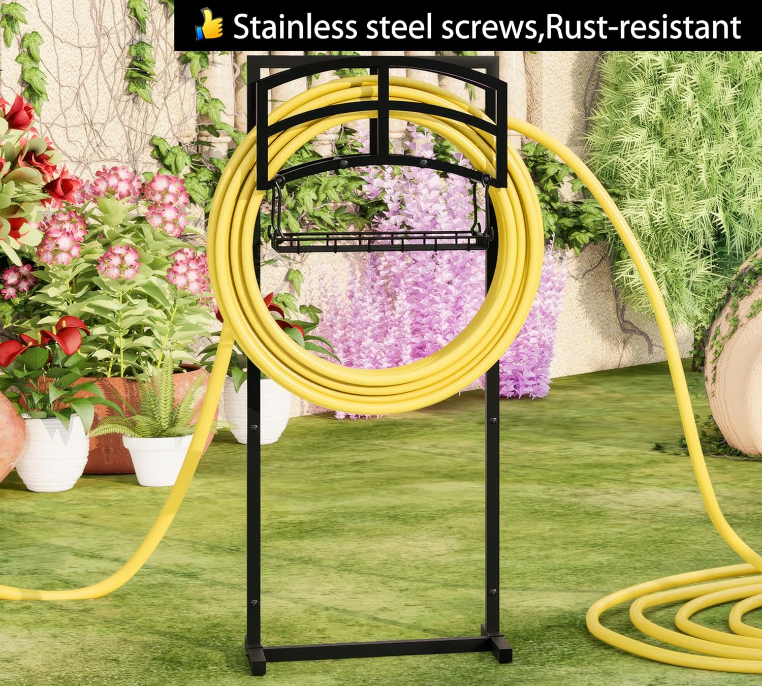 Fire Beauty Heavy-Duty Portable Garden Hose Holder with Storage Basket,120+ lbs Capacity, Holds 180ft 1/2" Hose,Dual Support Rods & Rustproof Screws,Modern Geometric Design