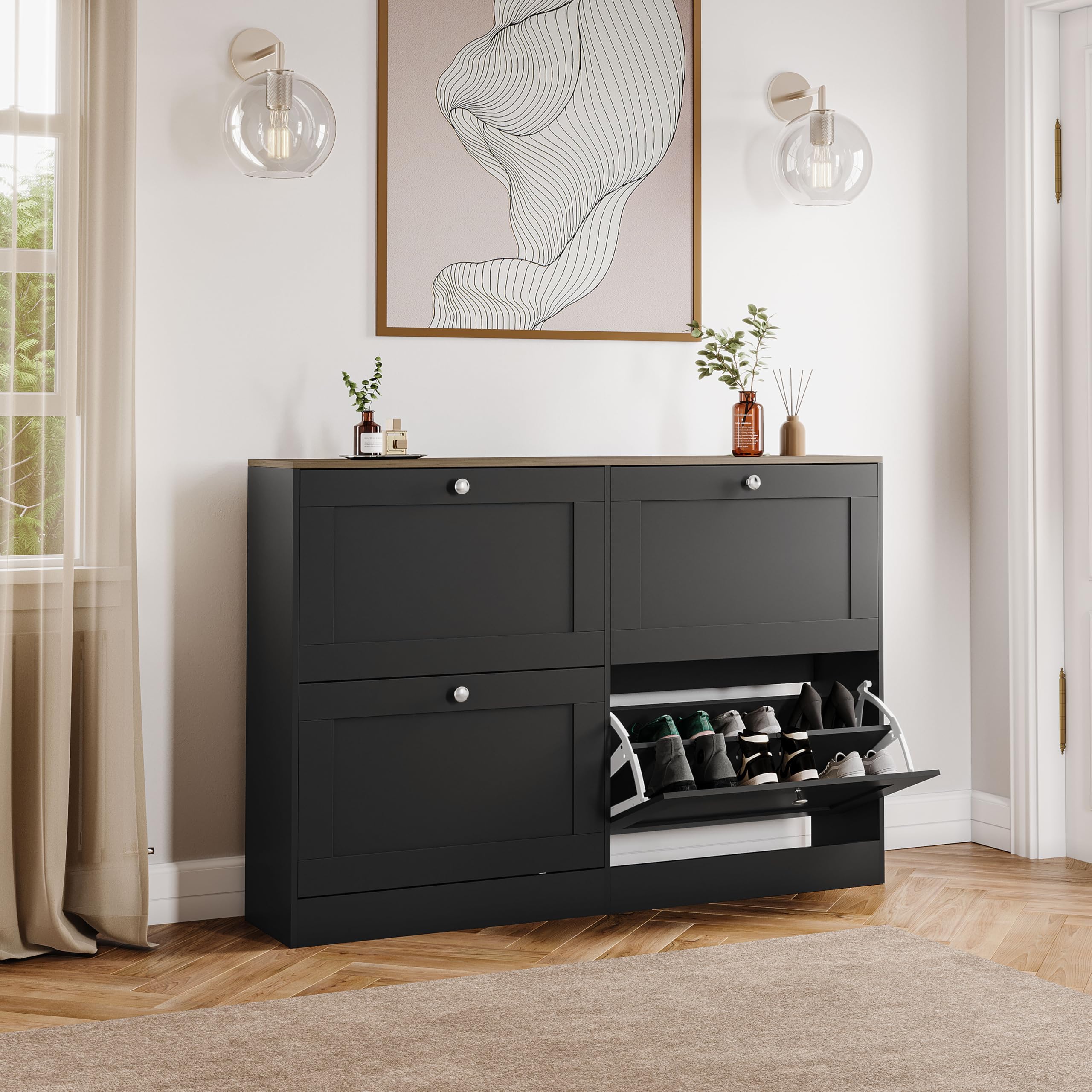 4 Drawer Shoe Cabinet | Black & Oak | Space-Saving Storage for 20+ Pairs | 80H x 105W x 23.5D cm | Anti-Tip | Modern Hallway Unit