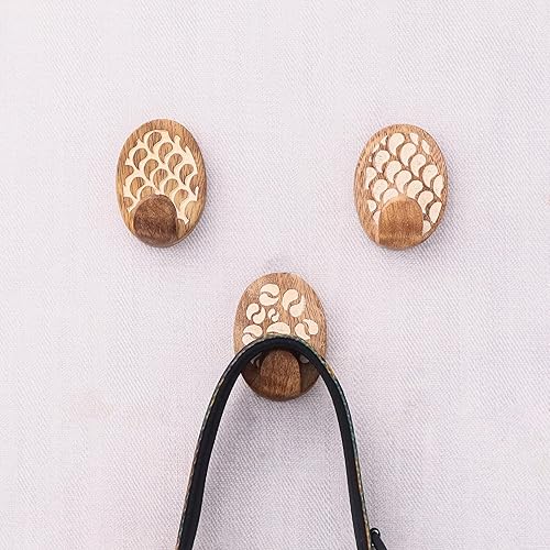 Miniatura 84 de Indian Shelf 3 ganchos, 6 tiras de ganchos de pared adhesivos de madera, ganchos decorativos de pared para colgar, gancho adhesivo bohemio