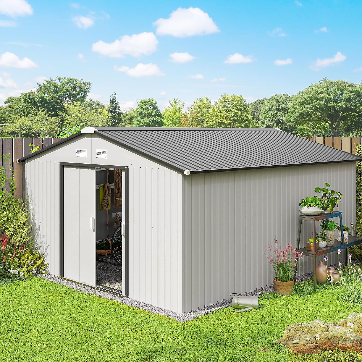 Metal Storage Shed with Double Locking Doors, 11.2' x 12.7' x 6.6', Galvanized Steel, White, 133 sq ft, for Garden Tools and Equipment