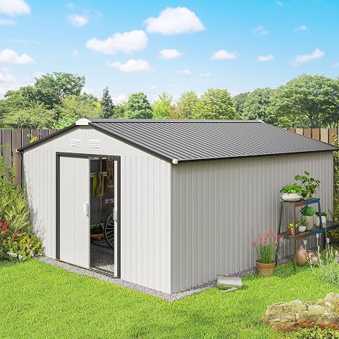 Outsunny Caseta de Jardín Exterior 12,4 m² 340x386x200 cm Blanco | Cobertizo de Jardín Exterior Metálico, Puertas Dobles con Cerradura, Kit Fundación, Ventilación, para Almacenaje Bicicletas