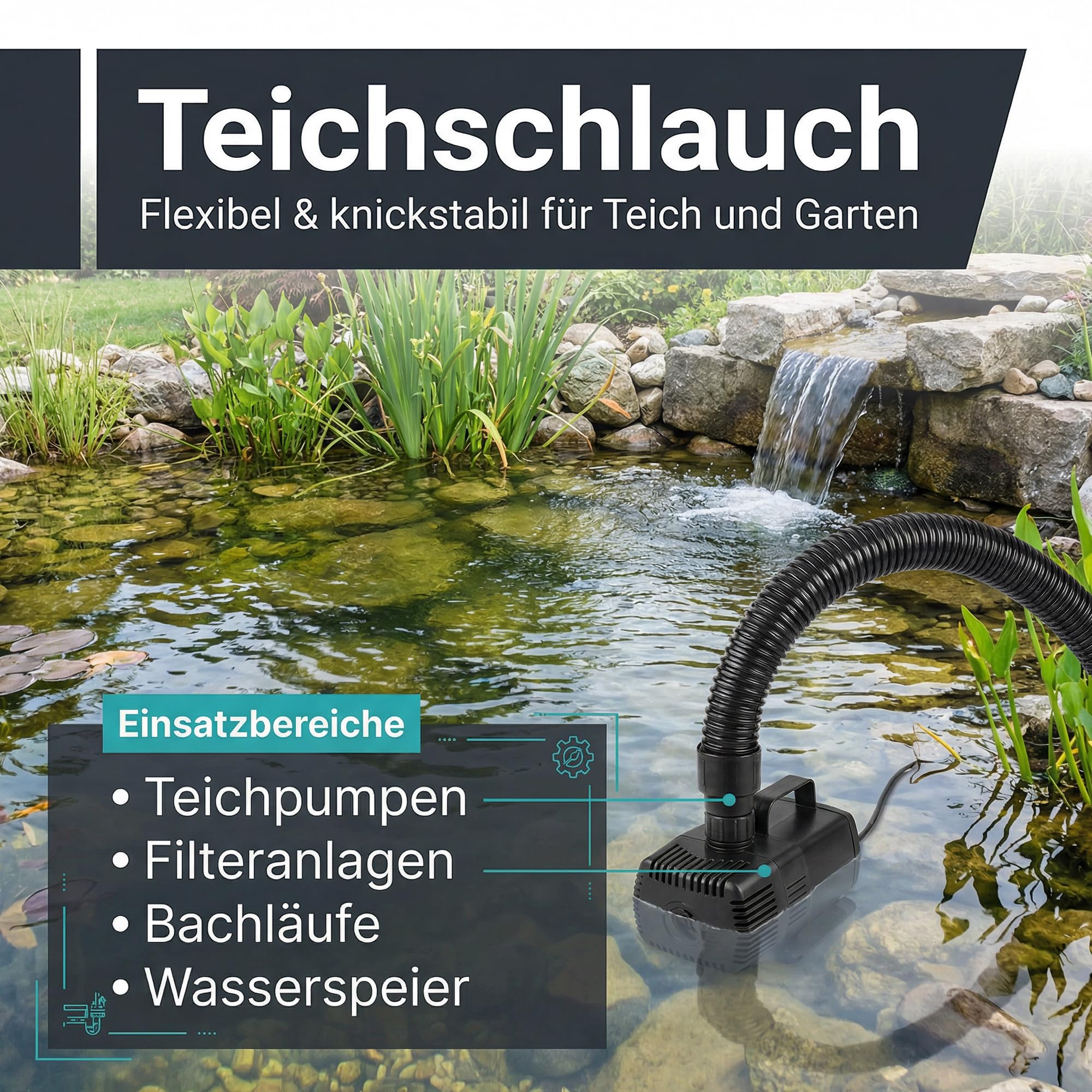 Teichschlauch, Ø 25 mm (1"), 5 m, Spiralschlauch aus robustem PVC, schwarzer Saugschlauch für Teichpumpen, Teichfilter und Wasserspeier