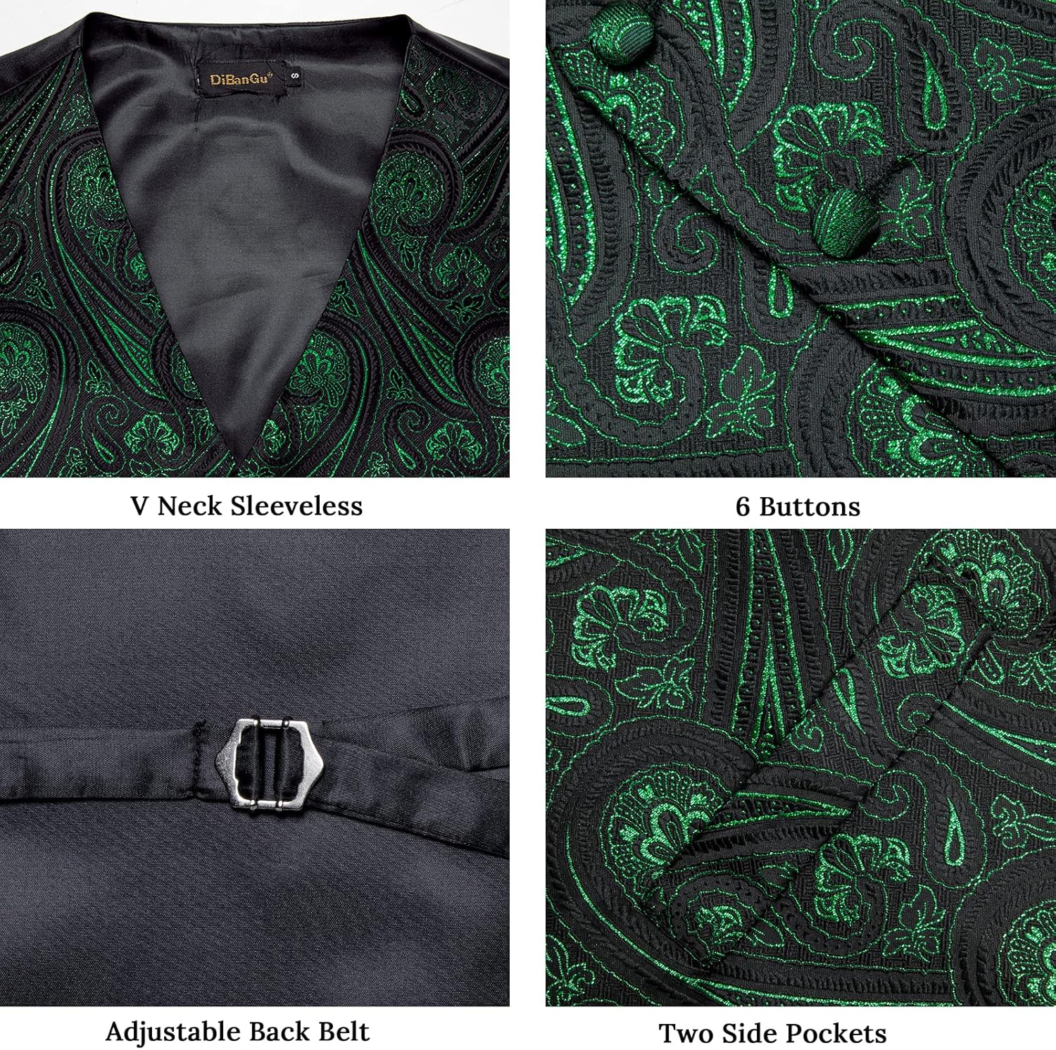 DiBanGu Men's Silk Paisley Vest and Necktie Set 6PCS Pre-tied Bow Tie Formal Waistcoat for Wedding Party - Image 3