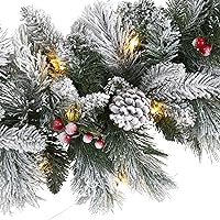 Vista 3 de Nearly Natural Guirnalda de Navidad artificial de pino mixto flocado de 6 pies con 50 luces LED, conos de pino y bayas