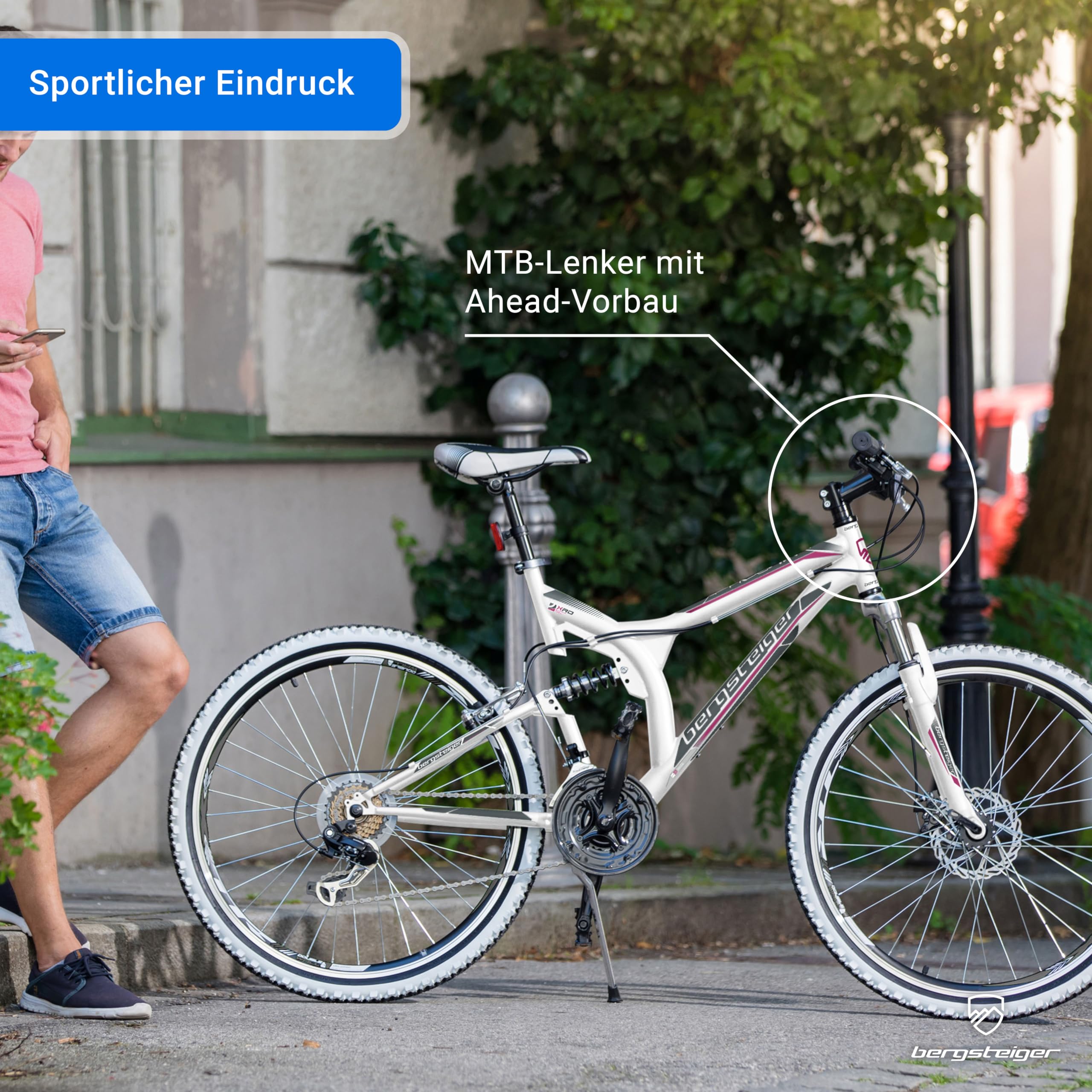 Bergsteiger Phoenix 26 Zoll Mountainbike Fully mit Vollfederung | Perfekt für den Weg zur Schule oder Arbeit ab 160 cm Größe. Mit 21 Gängen, Licht und zu 90 Prozent fertig vormontiert.