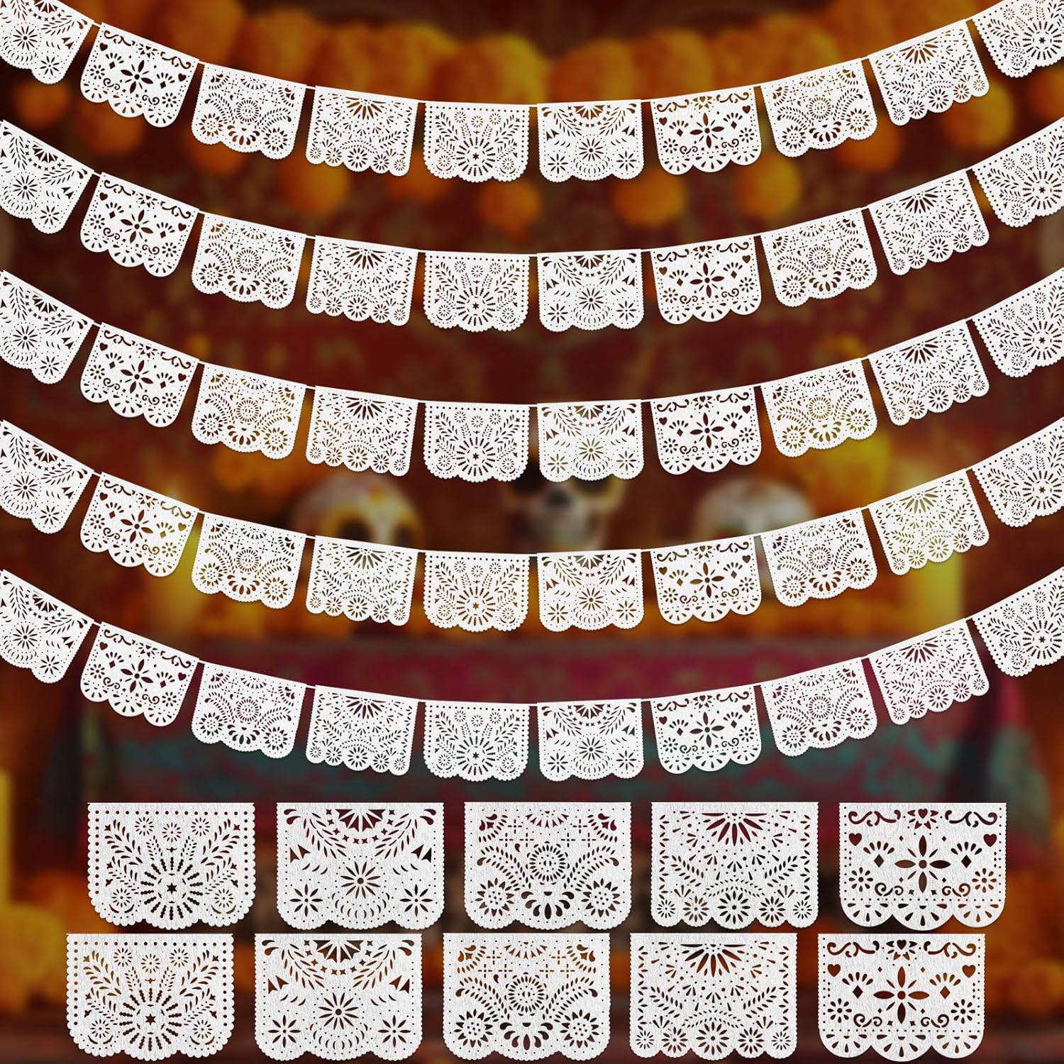 Oudain 5 Pack Waterproof Felt White Papel Picado Banner, 85 ft Papel Picado Baby Shower White Mexican Banner Cielito Lindo Fiesta Wedding Birthday Dia De Los Muertos Party Decoration, 5 Patterns