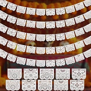 Oudain 5 Pack Waterproof Felt White Papel Picado Banner, 85 ft Papel Picado Baby Shower White Mexican Banner Cielito Lindo Fiesta Wedding Birthday Dia De Los Muertos Party Decoration, 5 Patterns