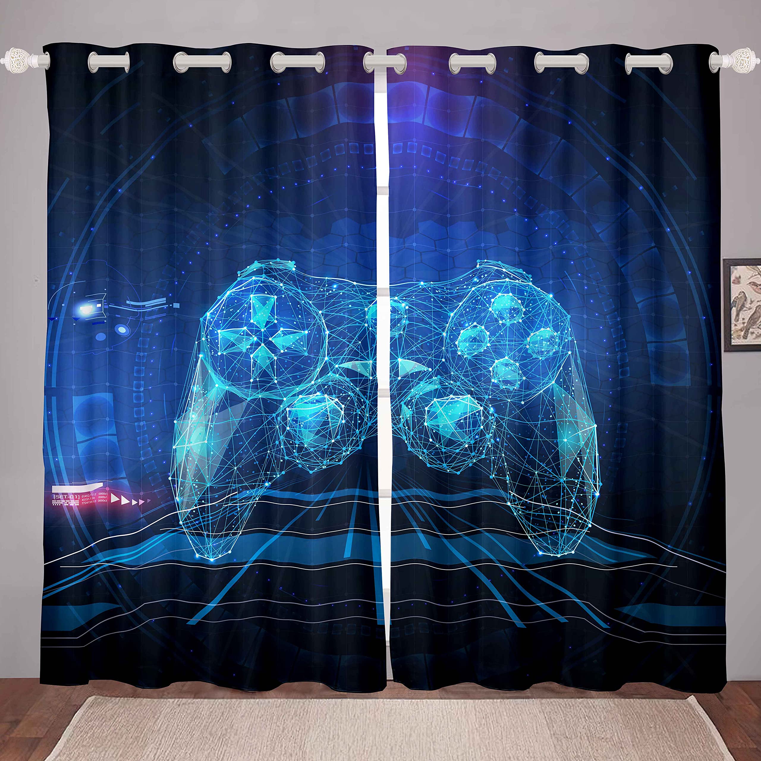 Tende per finestre a tema gioco moderno per adolescenti, videogiochi, console gamepad, design fantascienza, decorazione per camera da letto o soggiorno, 168 x 183 cm