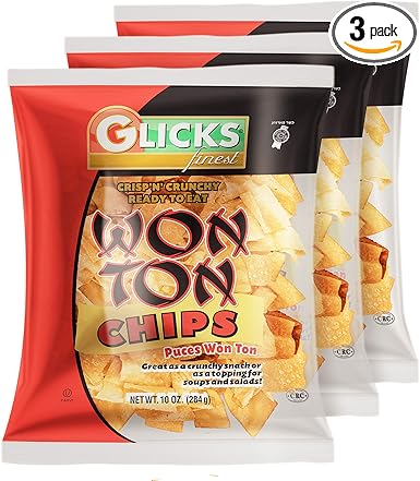 Amazon Com Glicks Wonton Chips 10oz 3 Pack Crisp Delicious Wonton Noodles Great For Stews Soups Salad Toppers Snacking