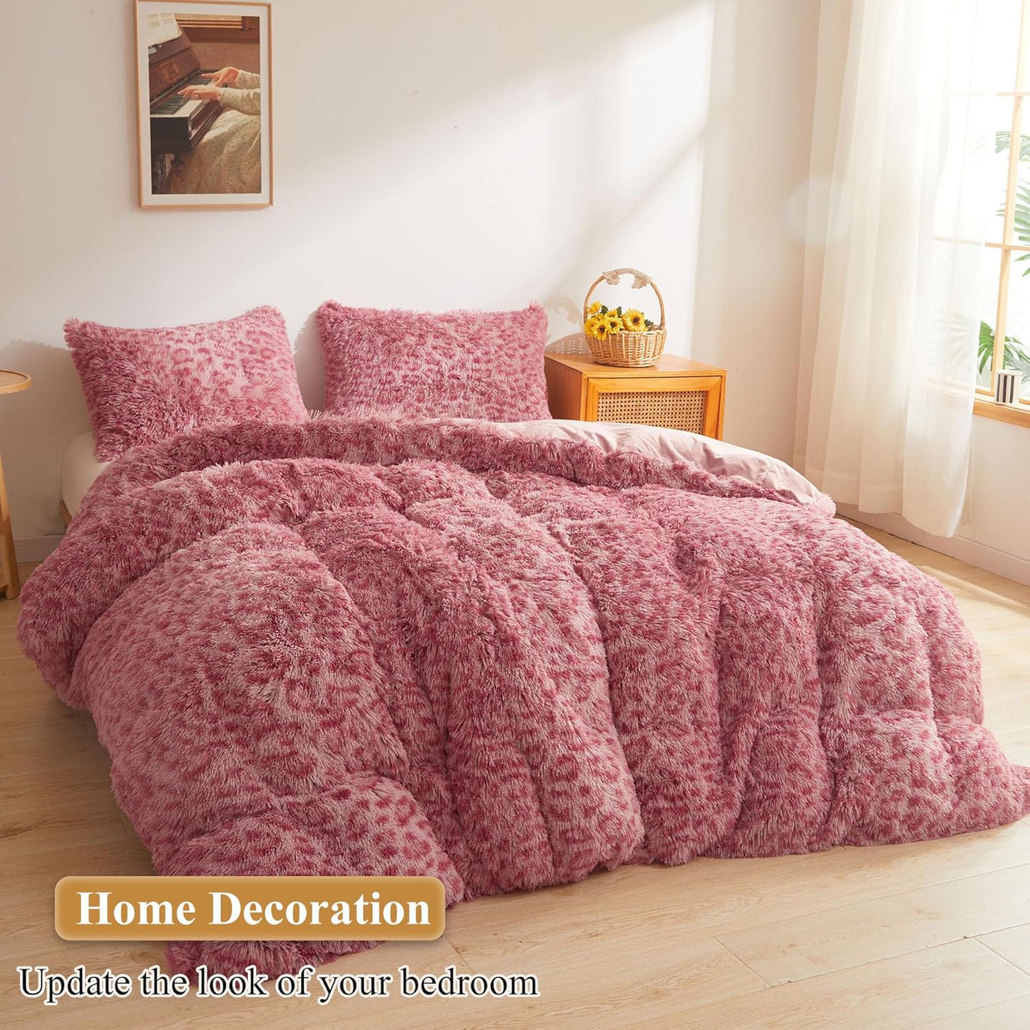 XeGe Cheetah Print Faux Fur Fluffy Pillowcases, Plush Shaggy Soft Long Pillow Covers, Fuzzy Decorative Leopard Print Pillow Cases, Furry Pillow Shams for Bed Couch Zipper, Set of 2(King, Pink)