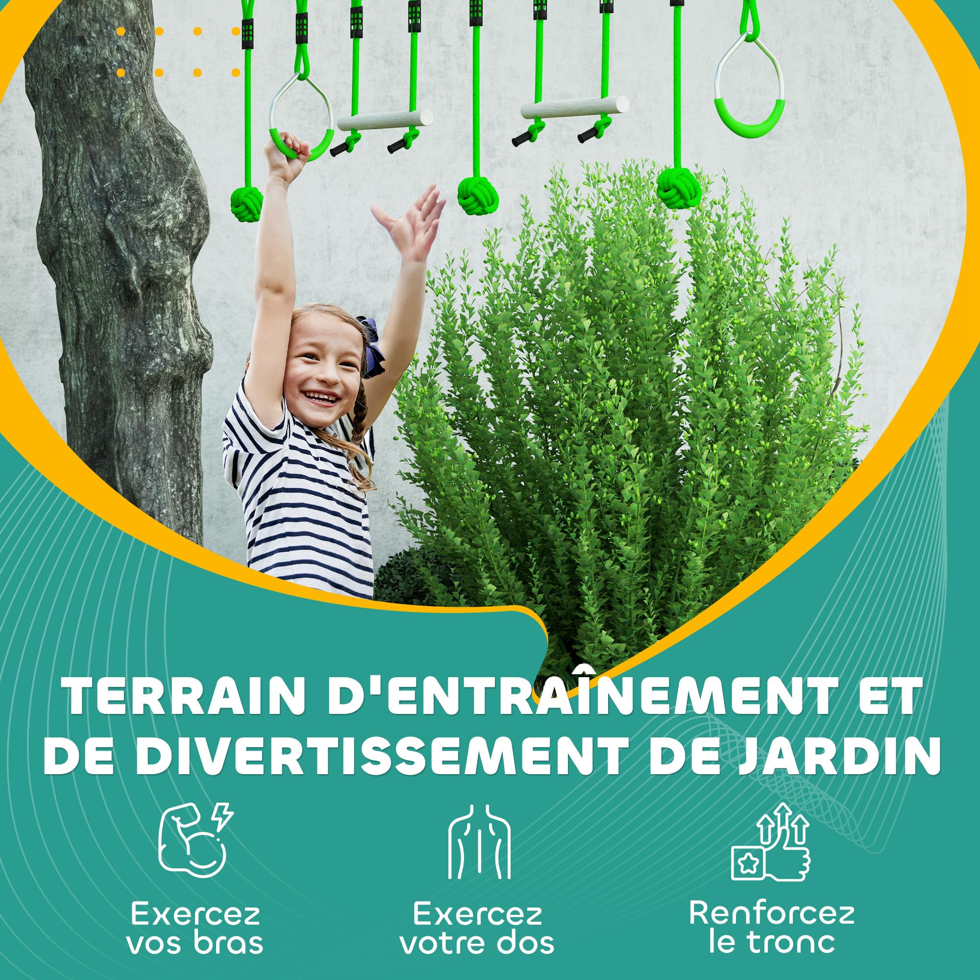 AIYAPLAY Parcours d'obstacles Ninja pour Enfants 10 m Charge 50 kg Slackline et Sac de Transport, équipement de Jeu extérieur pour Filles et garçons, Installation Facile, Bois de Sapin et PP, Vert