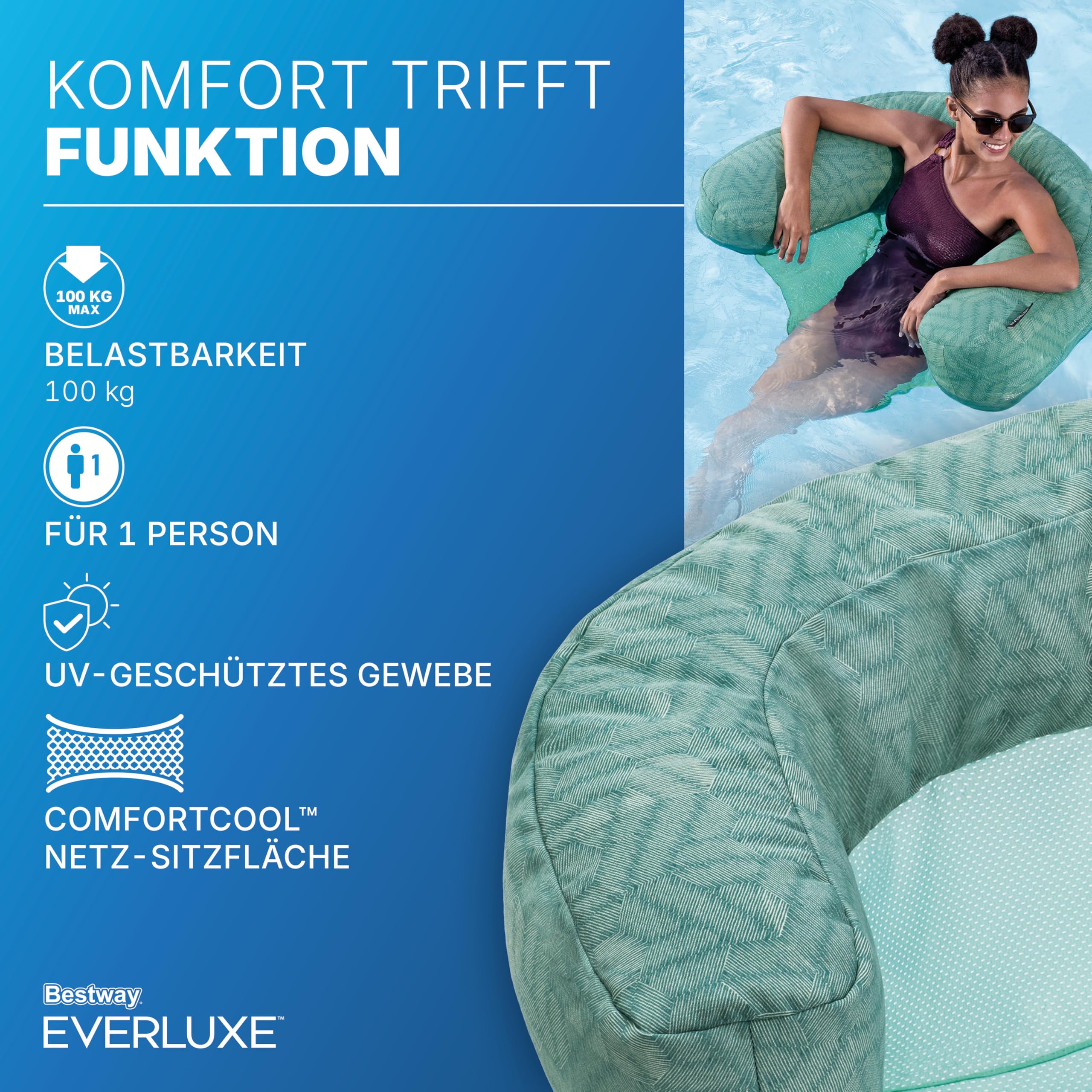 Bestway Everluxe Poolsitz 92x66x20 cm mit Textiloberfläche, EPS-Perlen-Füllung, ComfortCool Netz-Liegefläche, schnell trocknend, UV-beständig, bis 100 kg