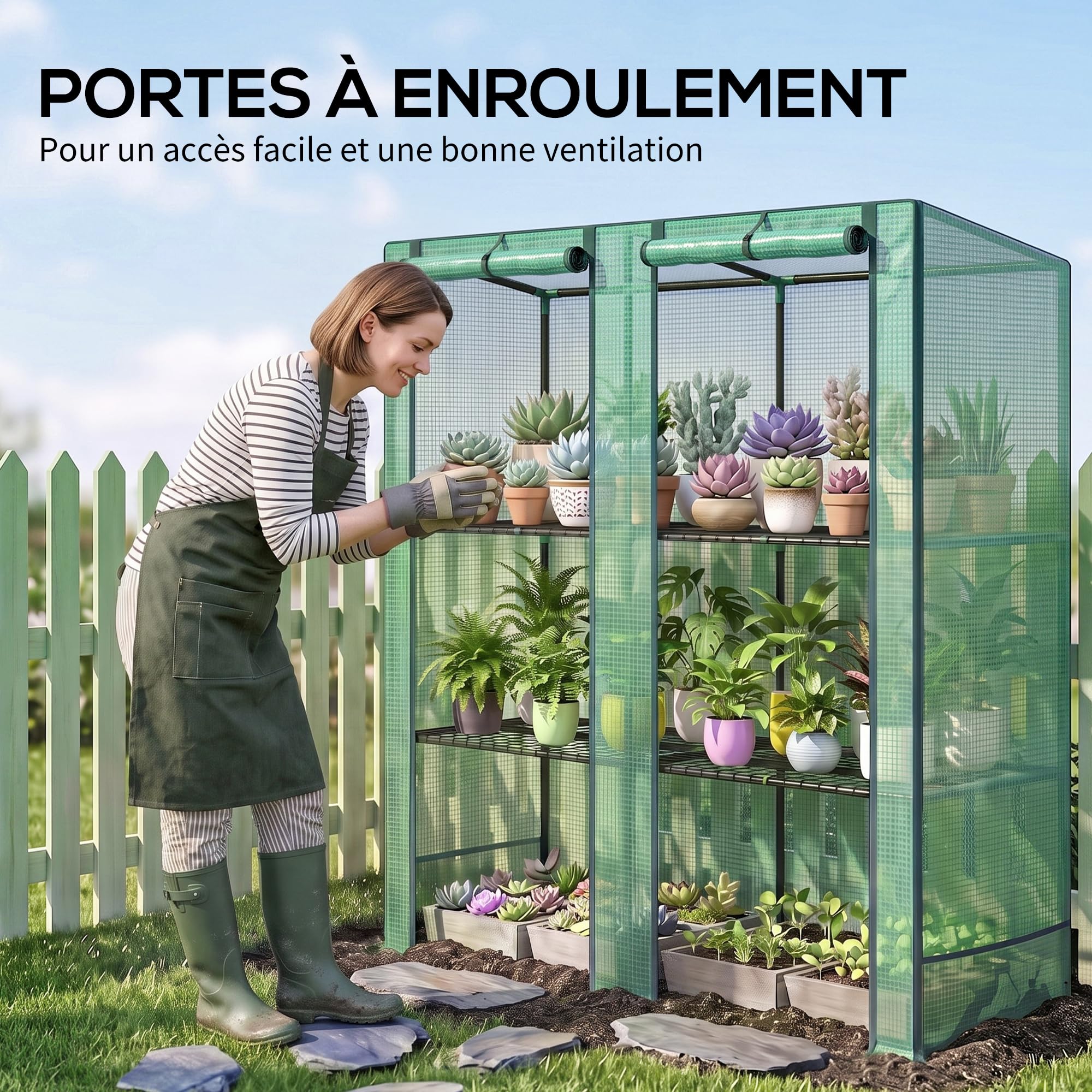 Outsunny Serre de Jardin PE avec Étagères 3 Niveaux 144 x 48 x 152 cm Vert | Serre de Balcon, Bâche Renforcée 140 g/m², Châssis en Acier, 2 Portes Zippées Enroulables, pour Légumes Plantes Fleurs