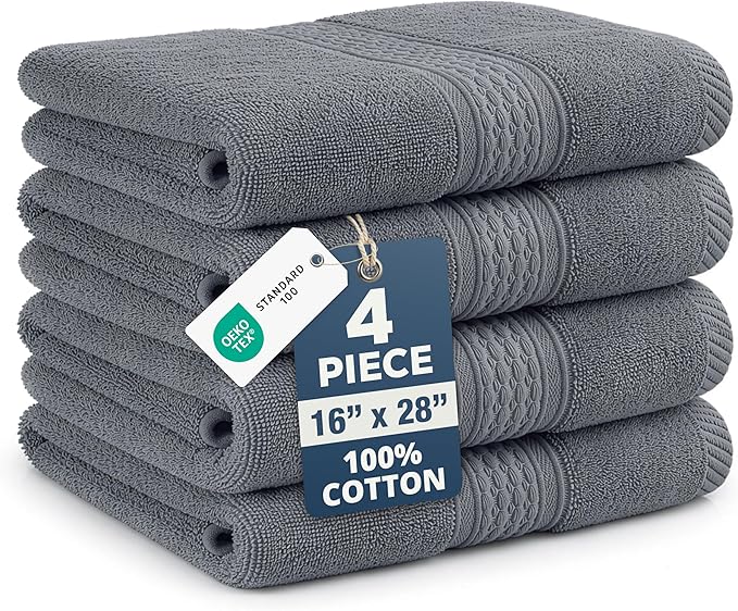 LANE LINEN Serviettes à main lot de 4 (41 x 71 cm) — 100 % coton, douces et résistantes au délavage, style hôtel/spa — Gris froid