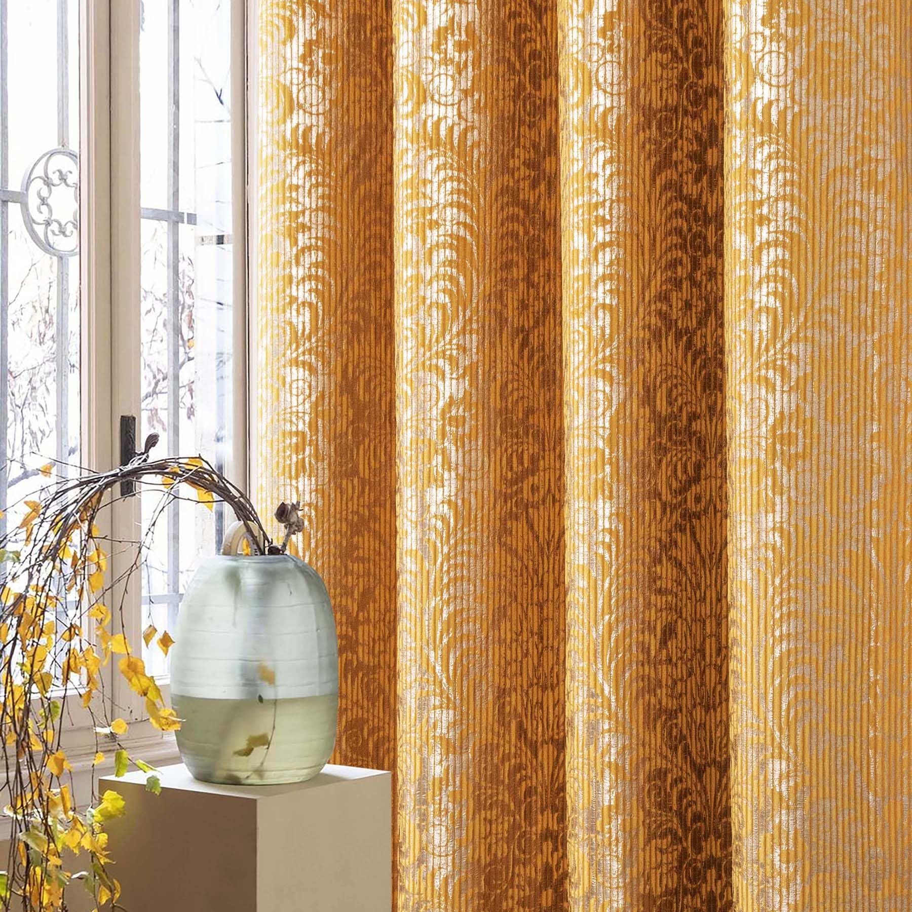 always4u 100% Blackout Curtains for Bedroom Thermal Insulated Velvet Curtain Eyelet Floral Gold Foil Print for Living Room Fully Lined Window Drapes 1 Pair Yellow W90*L90 Inches