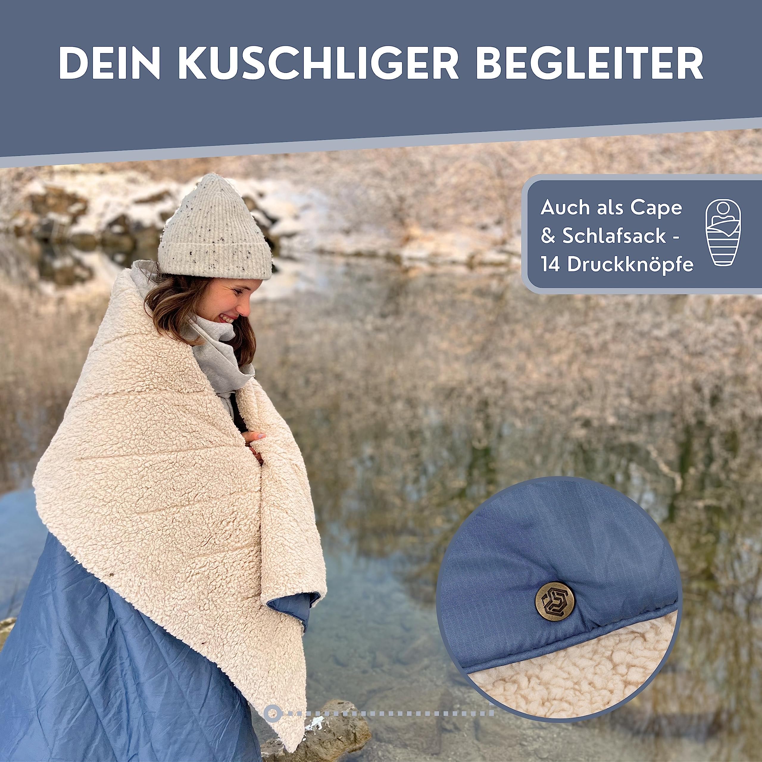 GMIATLI - 3in1 Outdoor Decke warm & gemütlich I Camping Decke wasserabweisend + Teflon EcoElite I Reisedecke Ultraleicht I Indoor & Outdoor Decke, Poncho & Schlafsack I Sherpa & Ripstop