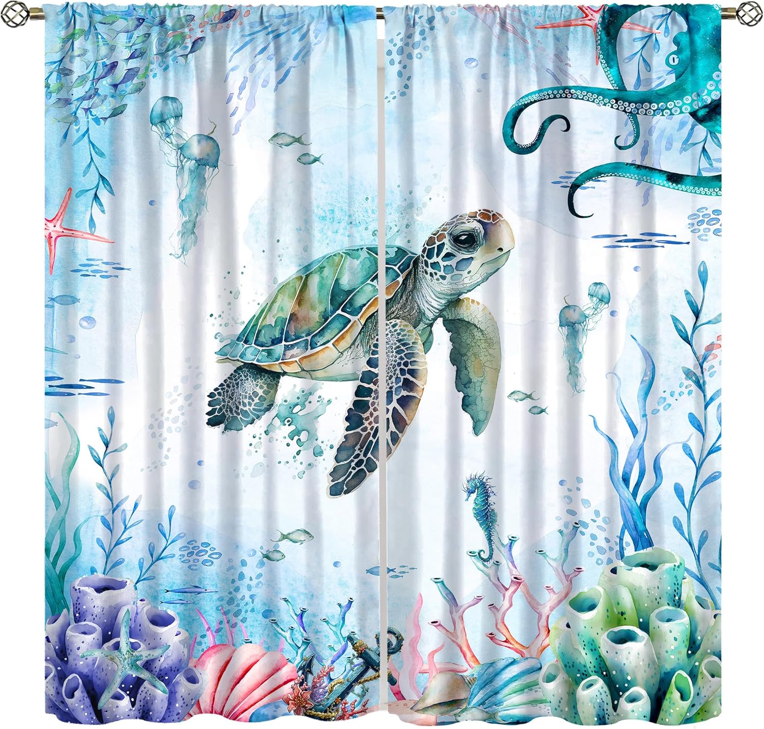 Turtle Curtains, Watercolor Cartoon Sea Animals Octopus Coral Shell Seahorse Jellyfish Blackout Window Treatments, Thermally Insulated Drapes For Kids Boys Girls Bedroom Nursery Bathroom 42x45in