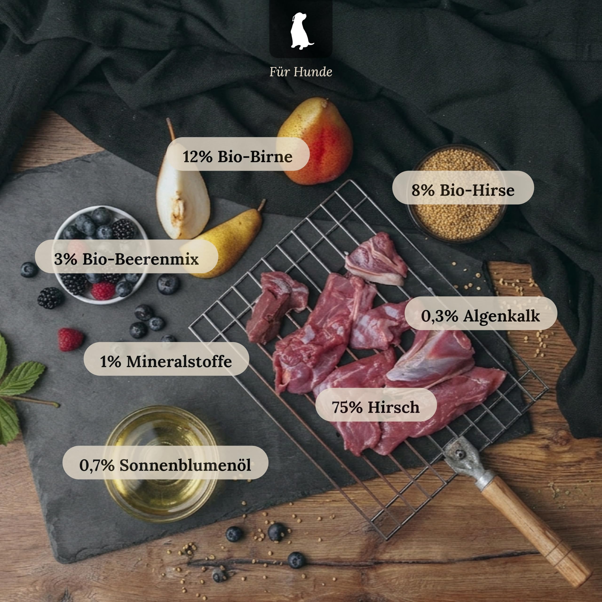 Bio Hundefutter Nass Hirsch mit Obst und Hirse, extra viel Fleisch, 6x800g, produziert in Bayern