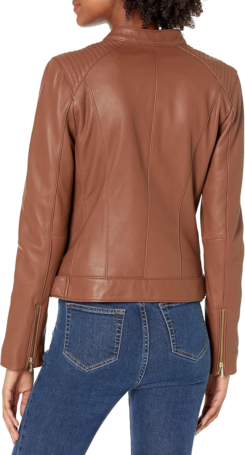 Cole Haan Women's Racer With Quilted Panels Leather Jacket - Image 2