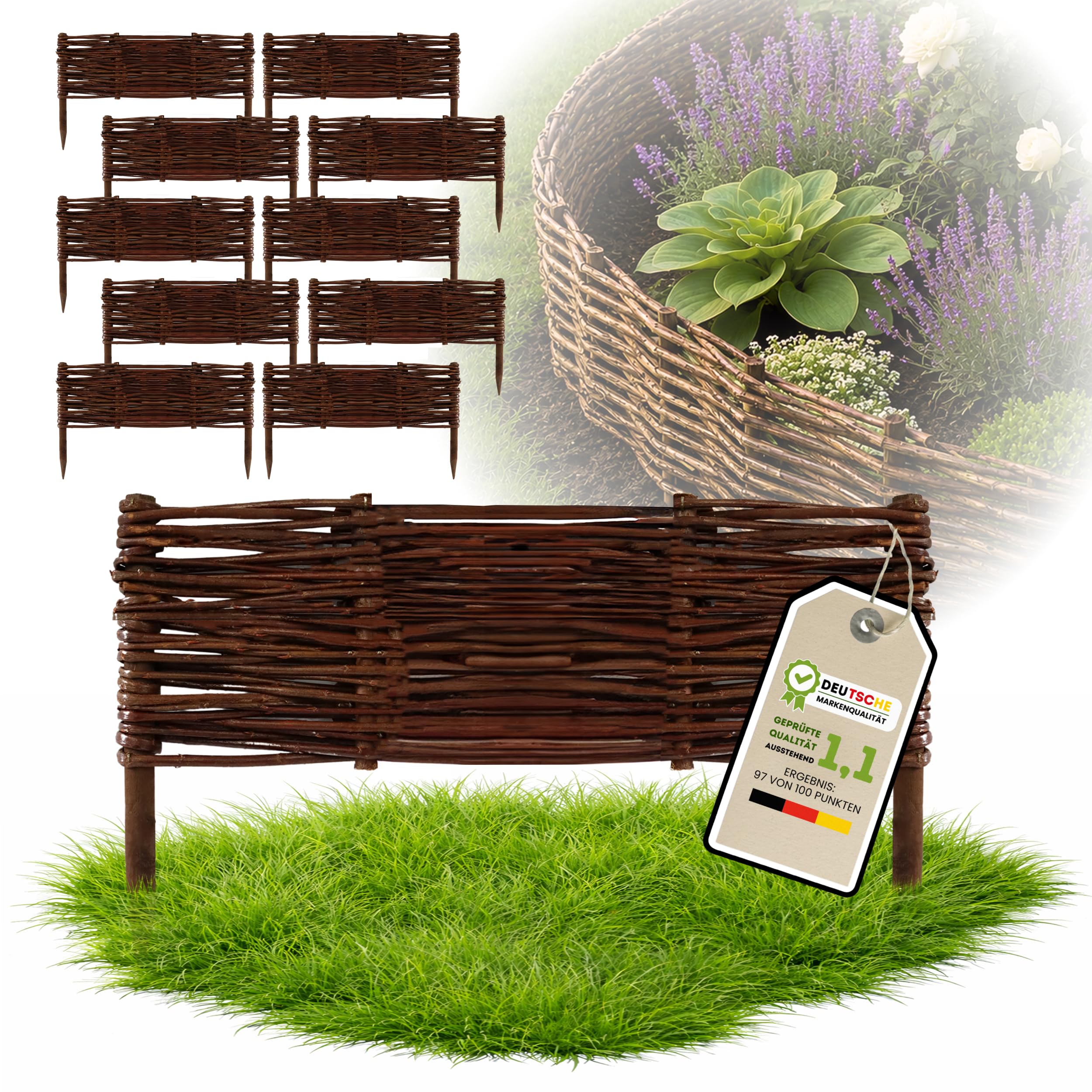 Floranica 10 Stück Beetbegrenzung Weide 20 cm x 50 cm – Rasenkante Weidengeflecht Beeteinfassung, Beetumrandung