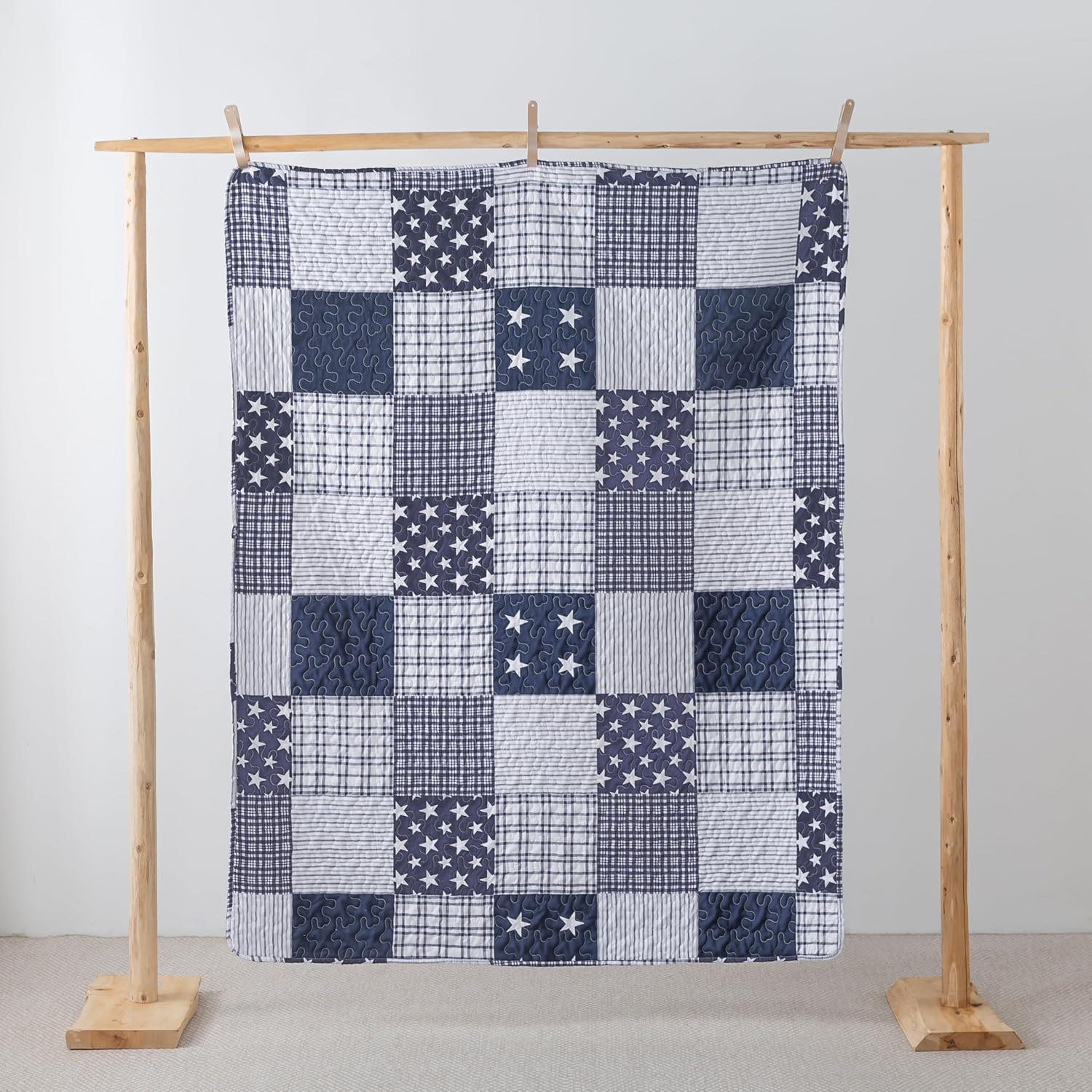 SLPR Americana Pride 50" x 60" Quilted Throw Blanket, Lightweight Patriotic Throw Quilt for Couch and Bed, Blue and White Lightweight Lap Quilt with Star and Plaid Pattern - Image 2
