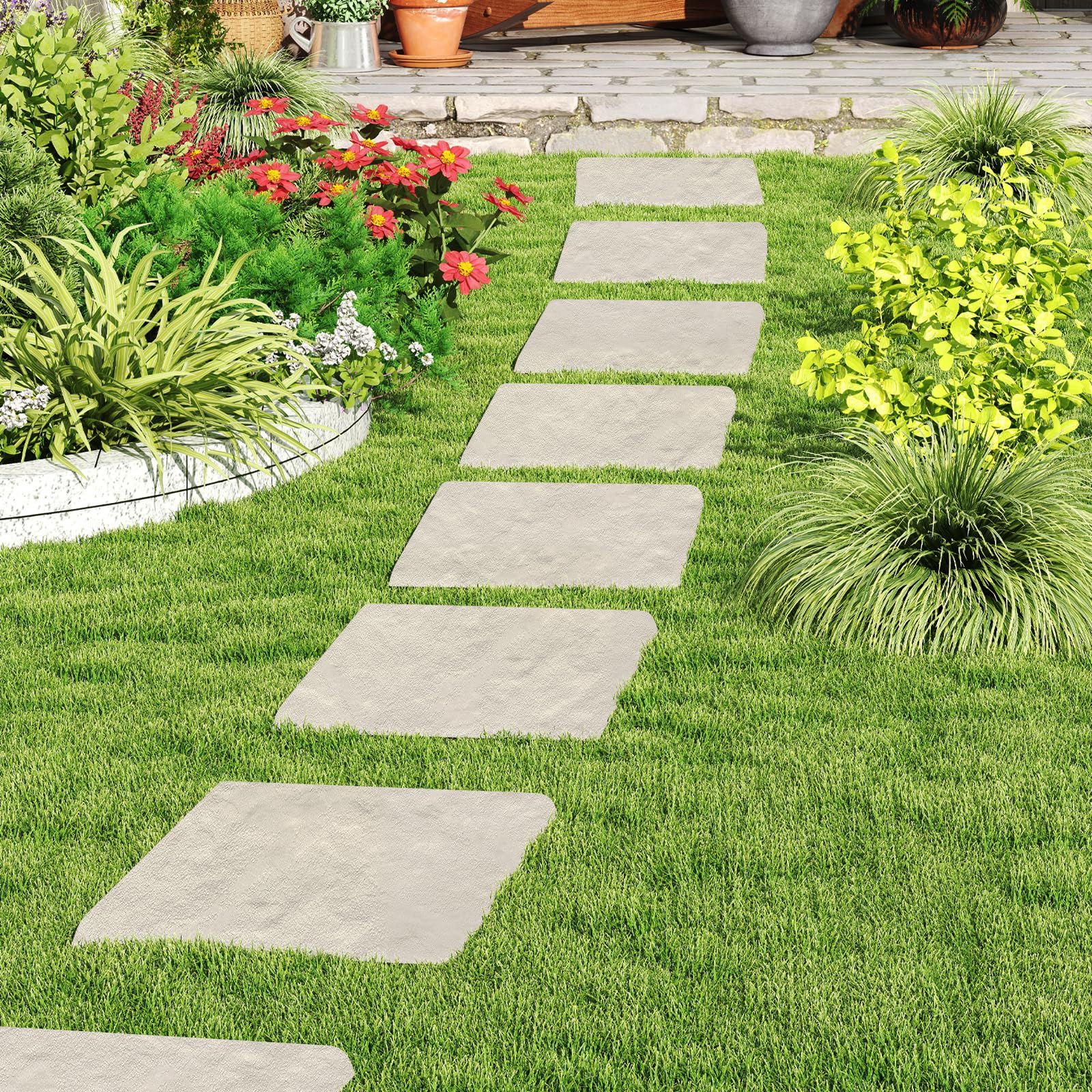 GIANTEX Camino de Pierdas con 8 Piezas, Escalones Cuadradas 39,5 x 39,5 cm, Baldosas de Jardín de PP Resistente, Superficie Antideslizante, Estacas para Tierra Incluidas (Beige)