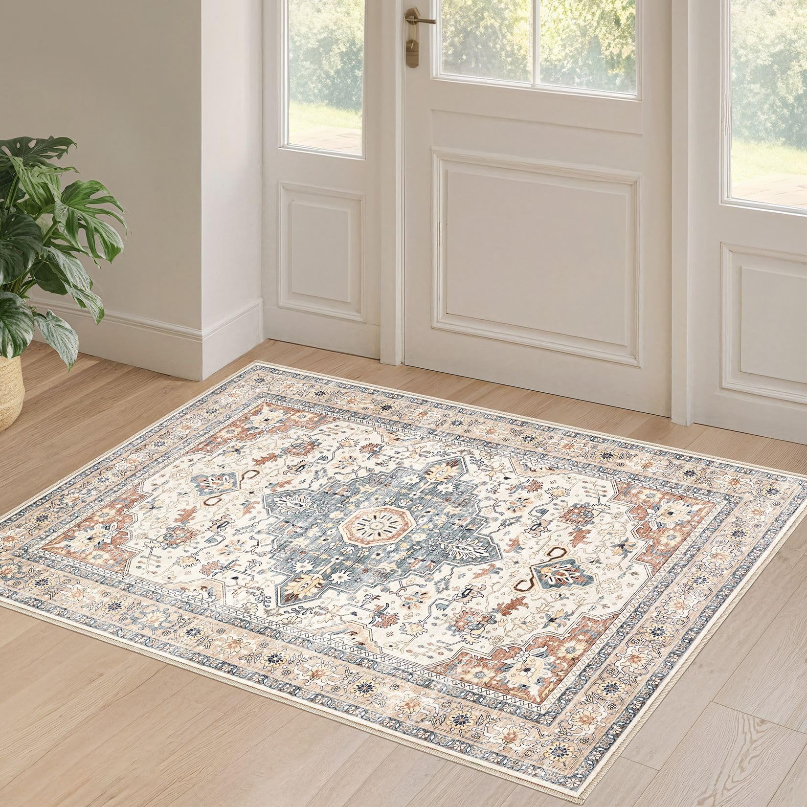 LOONGRUG 2x3 Rug Washable Vintage Boho Soft Rug for Entryway Beige Blue