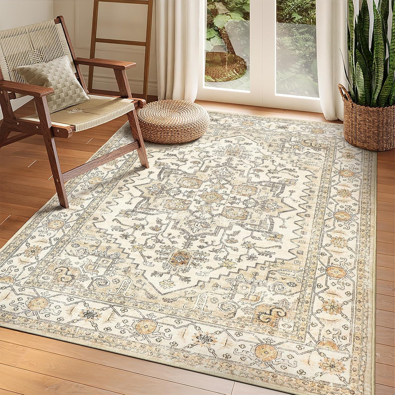 Washable area rug 5x7 with non-slip backing (neutral gold)