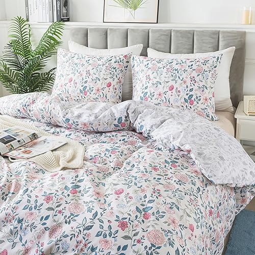HoneiLife Funda de edredón de algodón tamaño Queen  Funda de edredón floral de 3 piezas, suave y transpirable con cierre de cremallera y lazos en